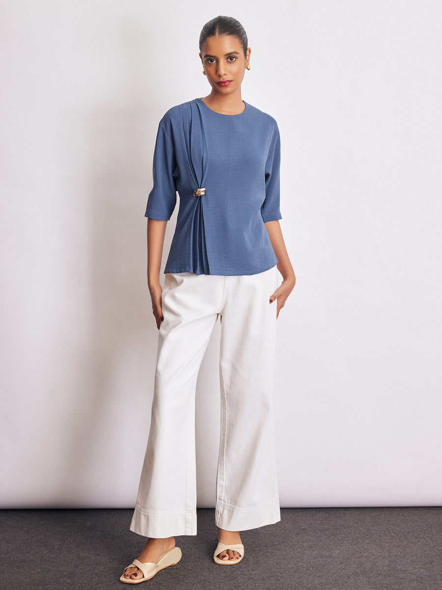 Azure Brooch Detail Pleated Top