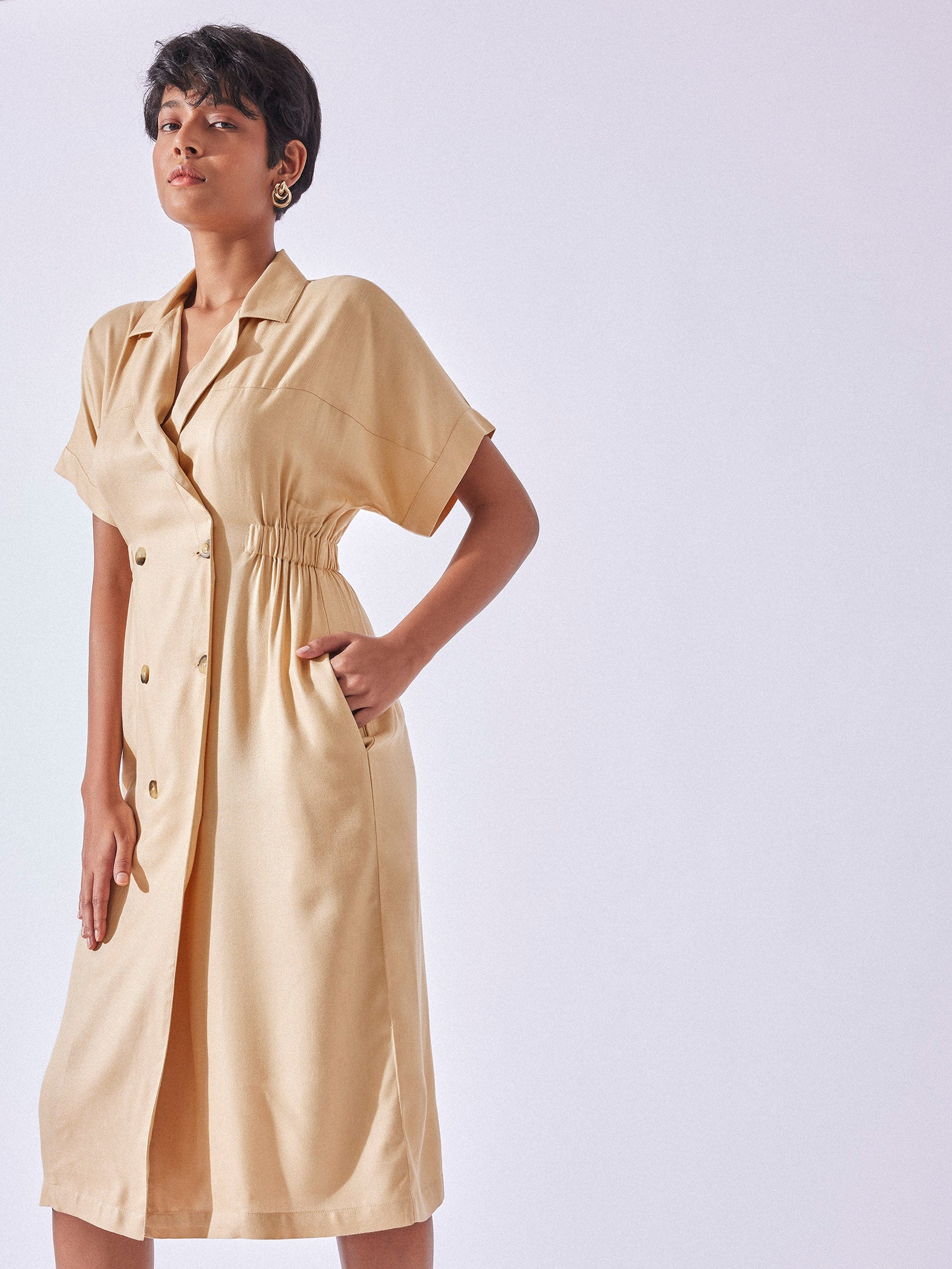 Beige Lapel Collar Midi Dress