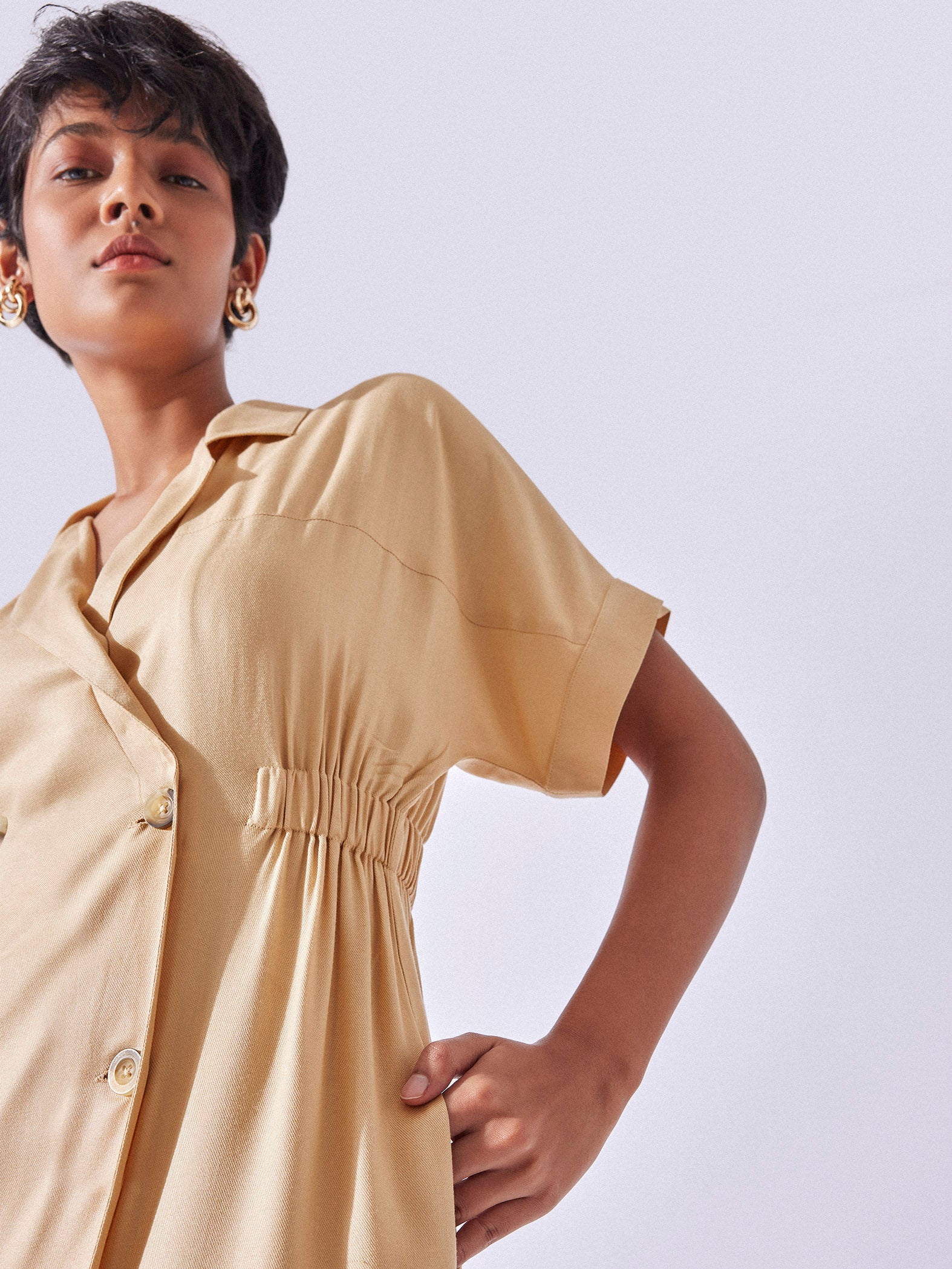 Beige Lapel Collar Midi Dress