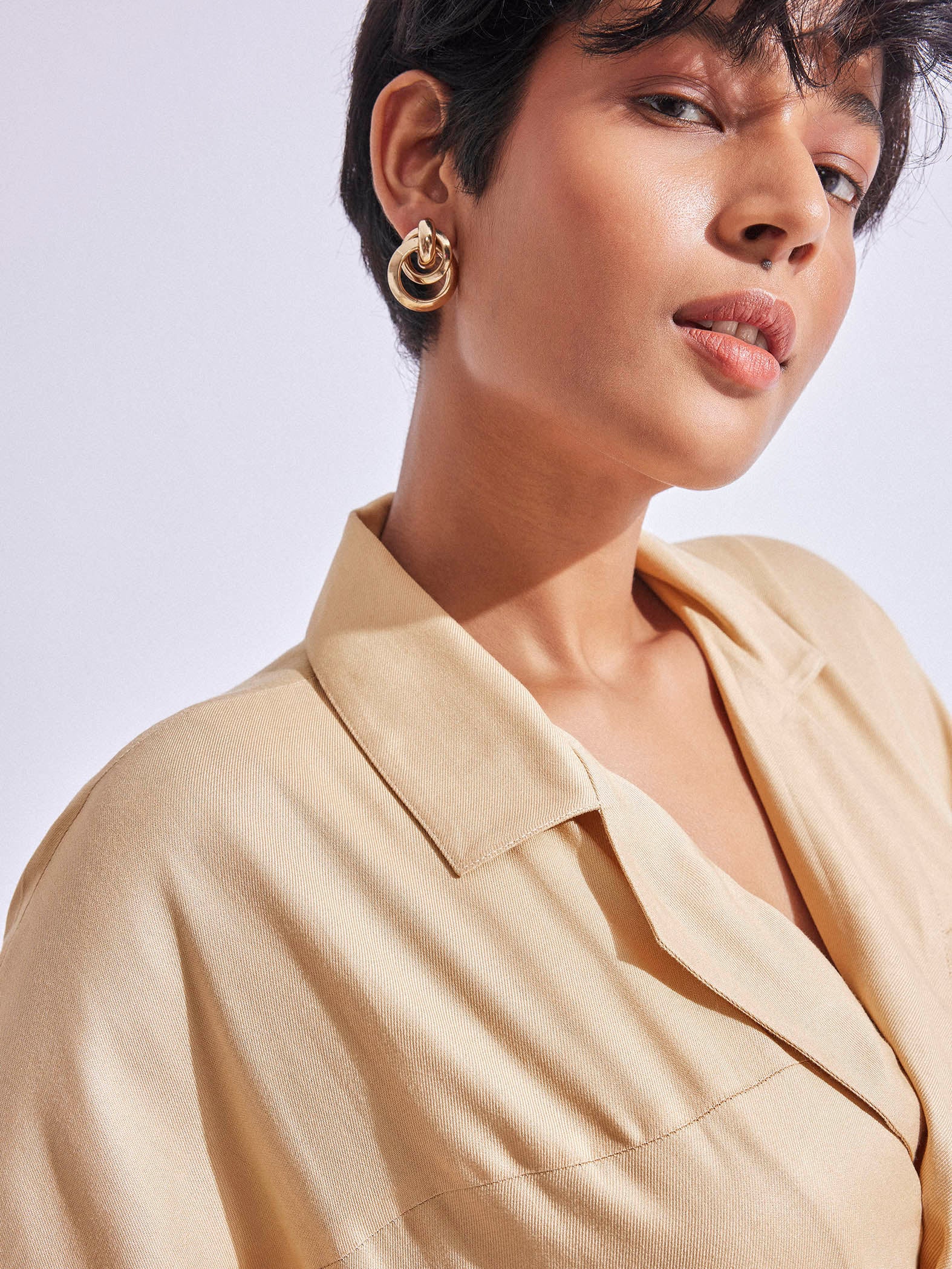 Beige Lapel Collar Midi Dress