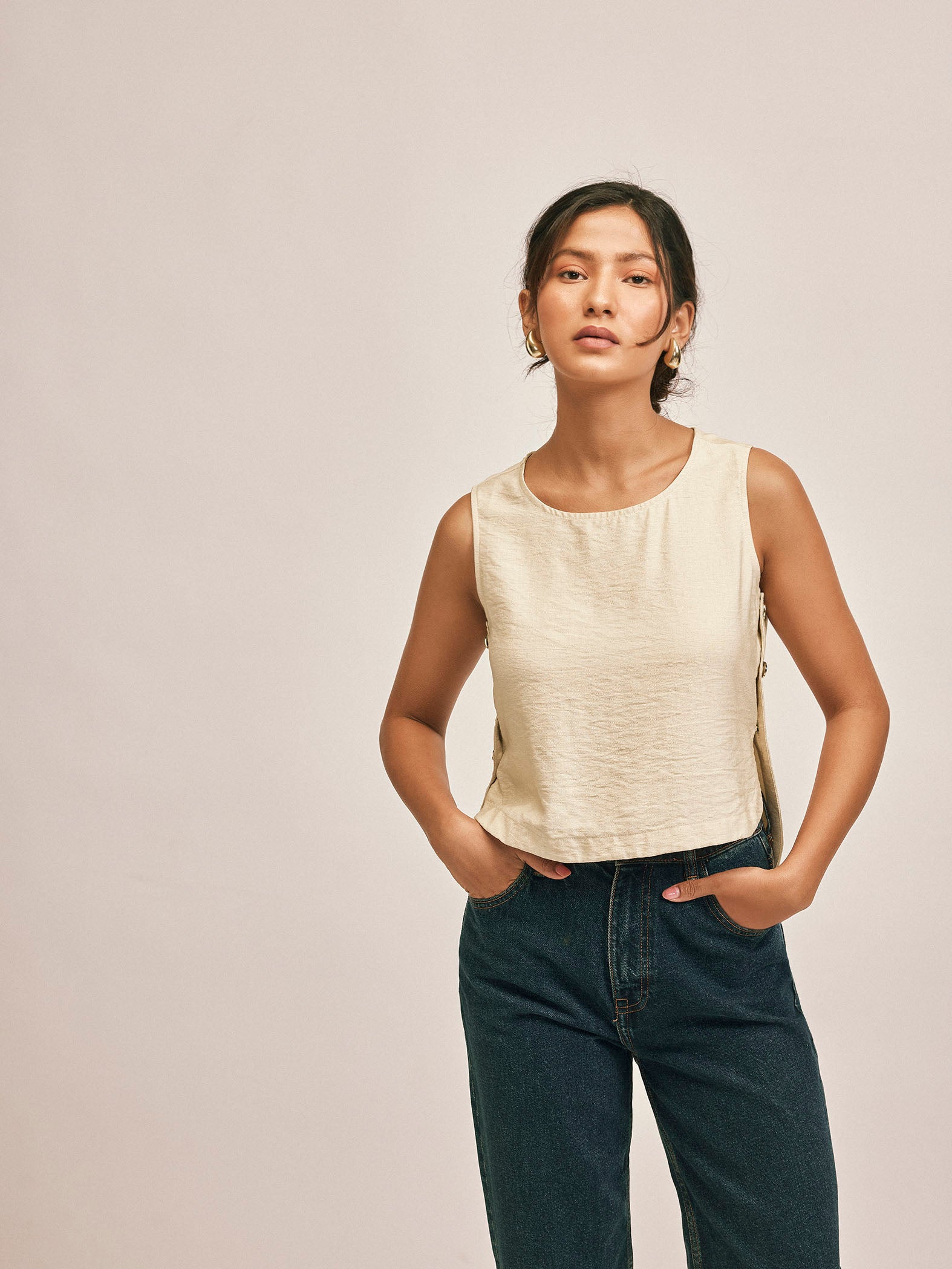 Beige Side Buttoned Tank Top