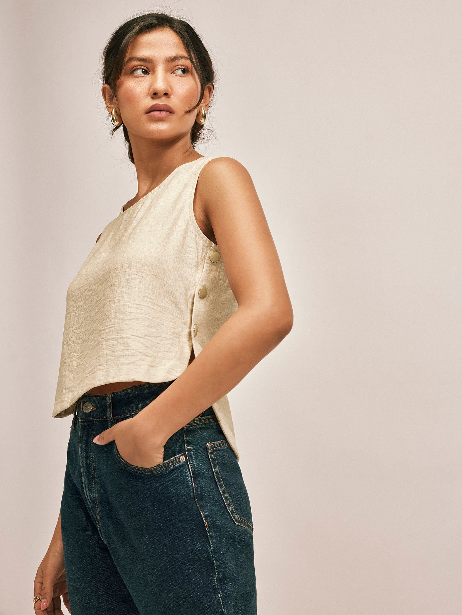 Beige Side Buttoned Tank Top