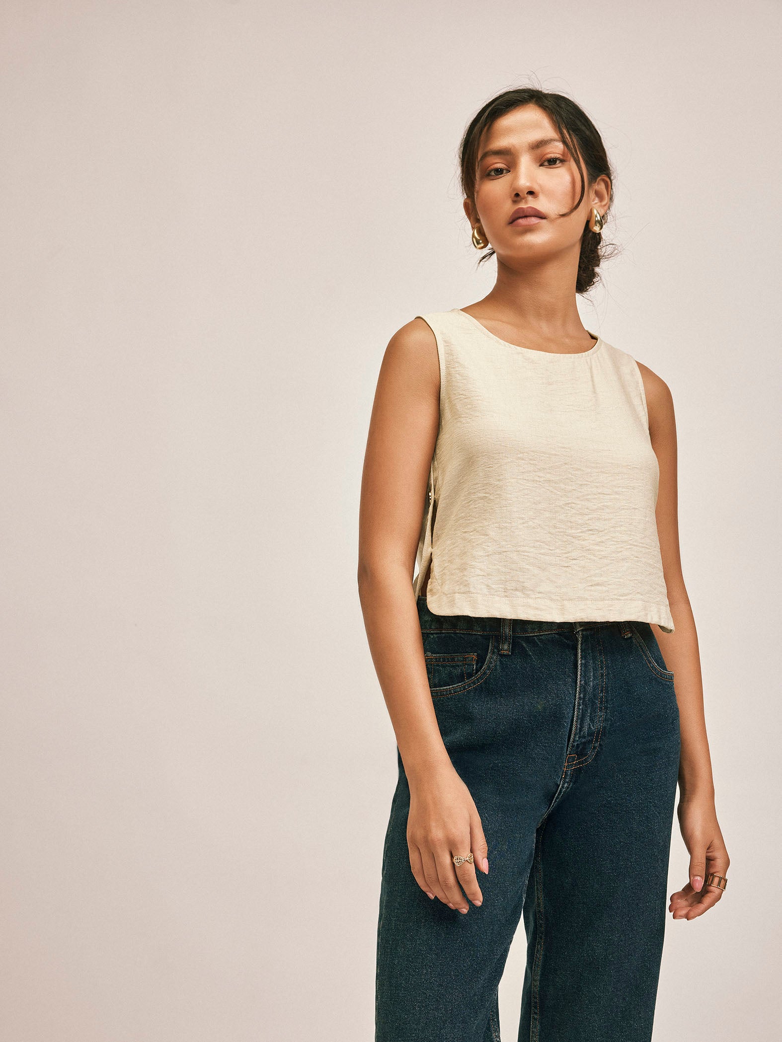 Beige Side Buttoned Tank Top