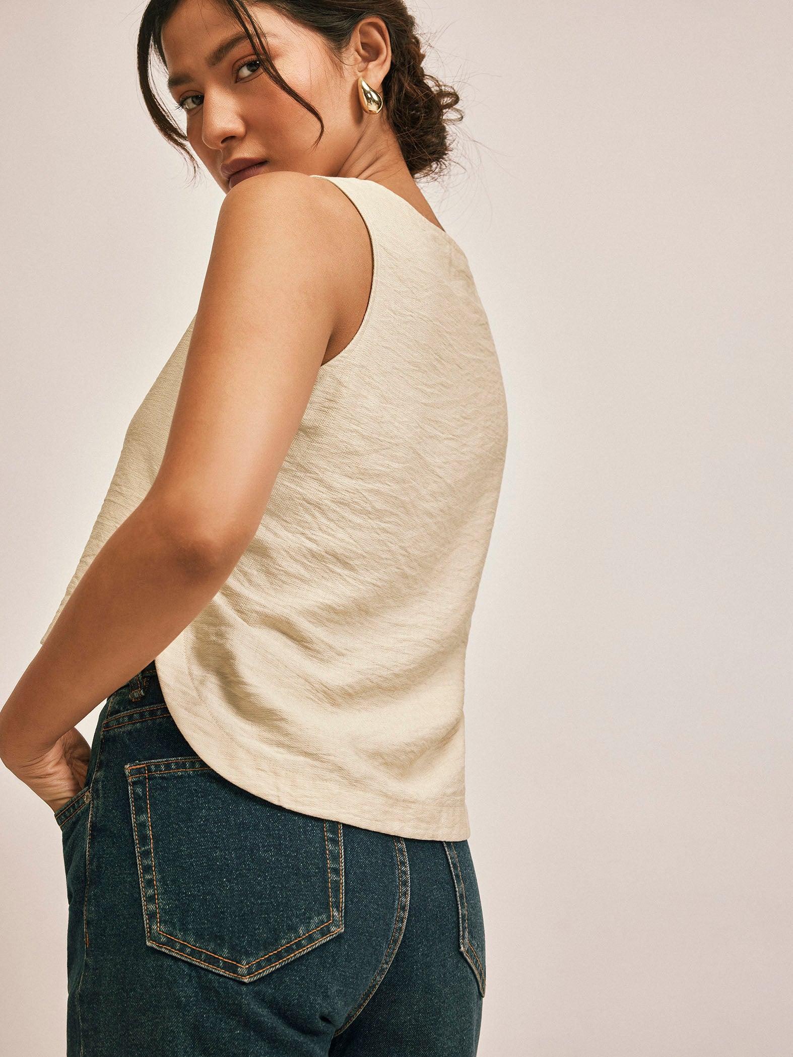 Beige Side Buttoned Tank Top