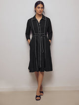 Black Contrast Piping Belted Dress