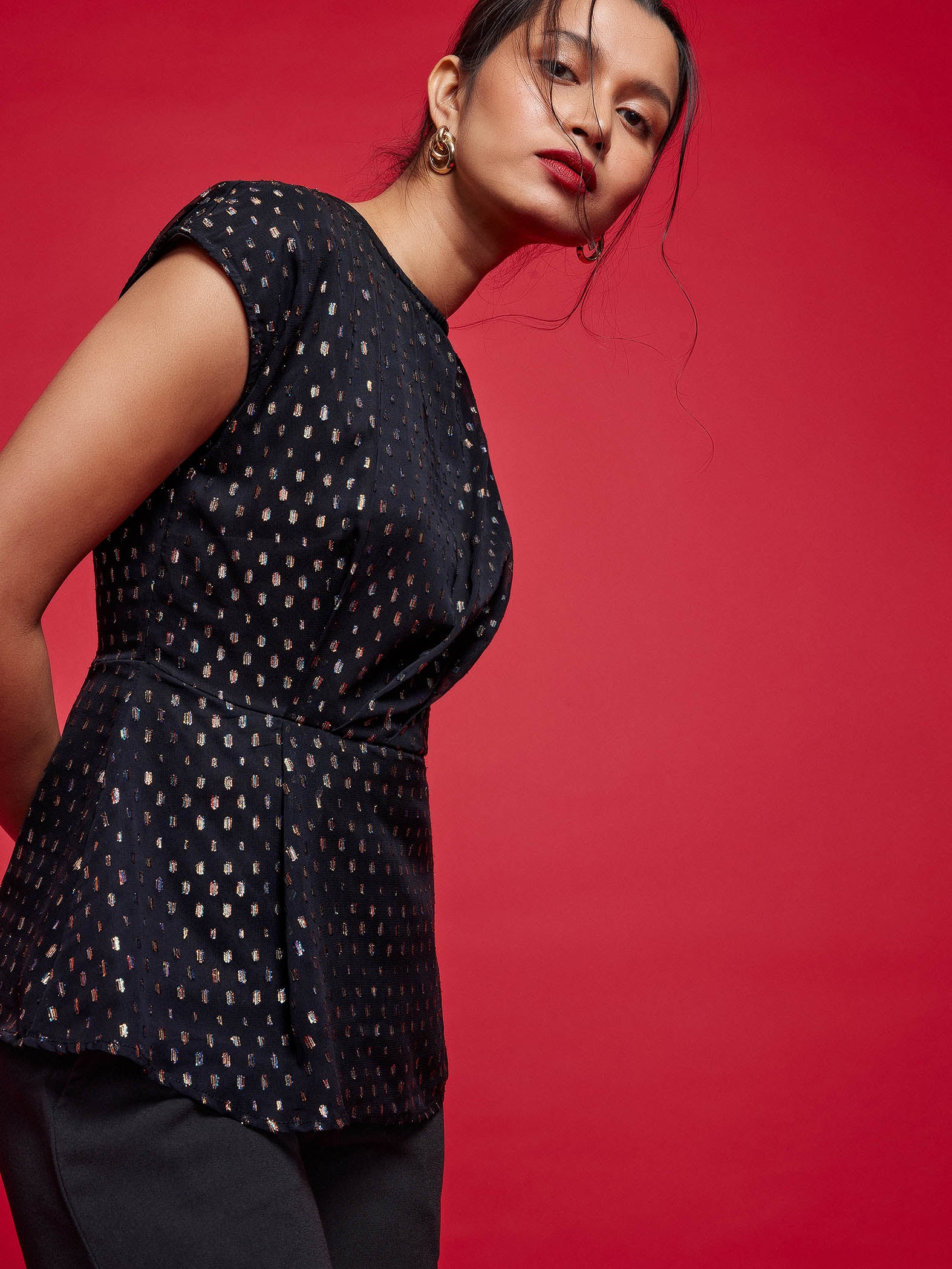 Black Dobby Peplum Top