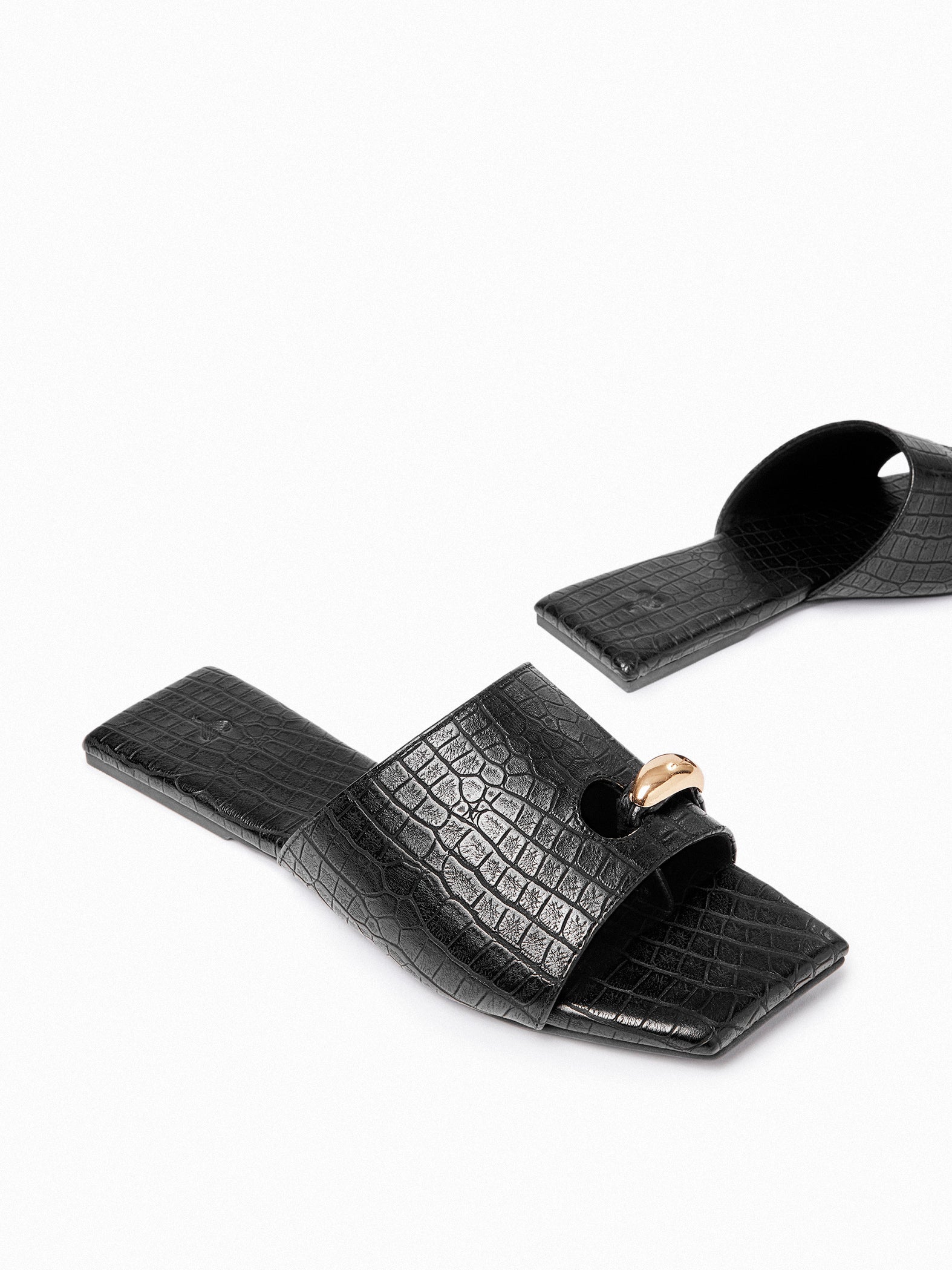 Black Textured Gold Toe Ring Flats