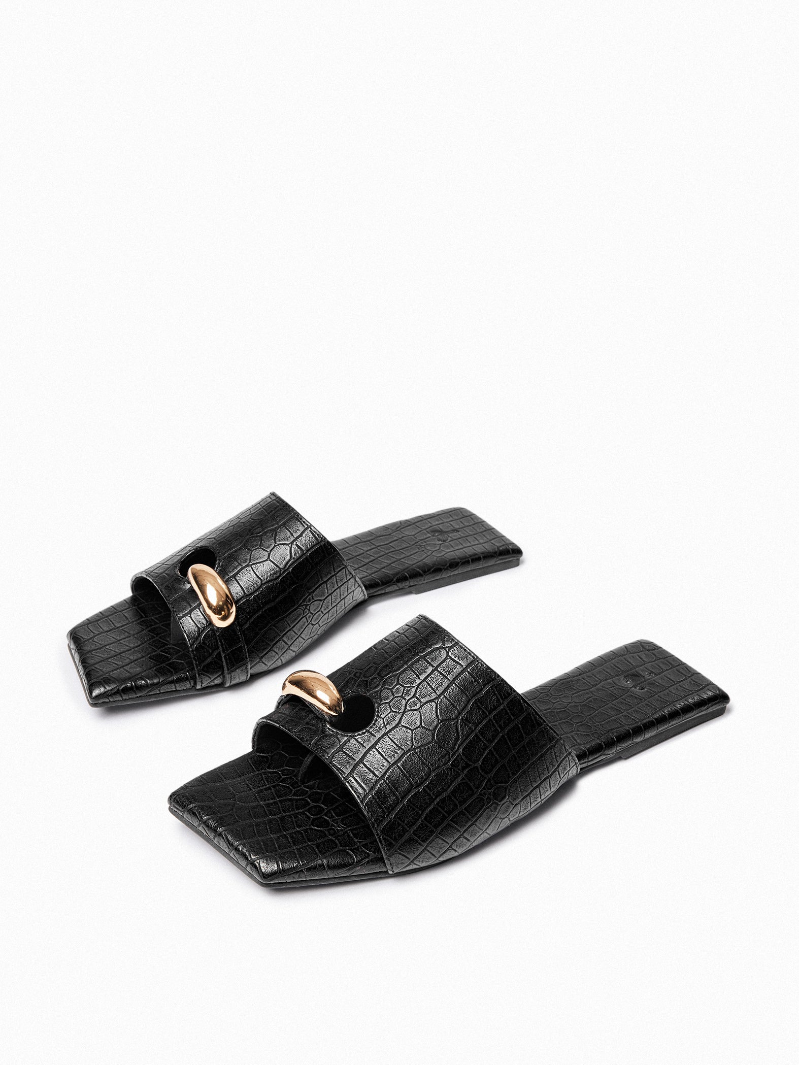 Black Textured Gold Toe Ring Flats