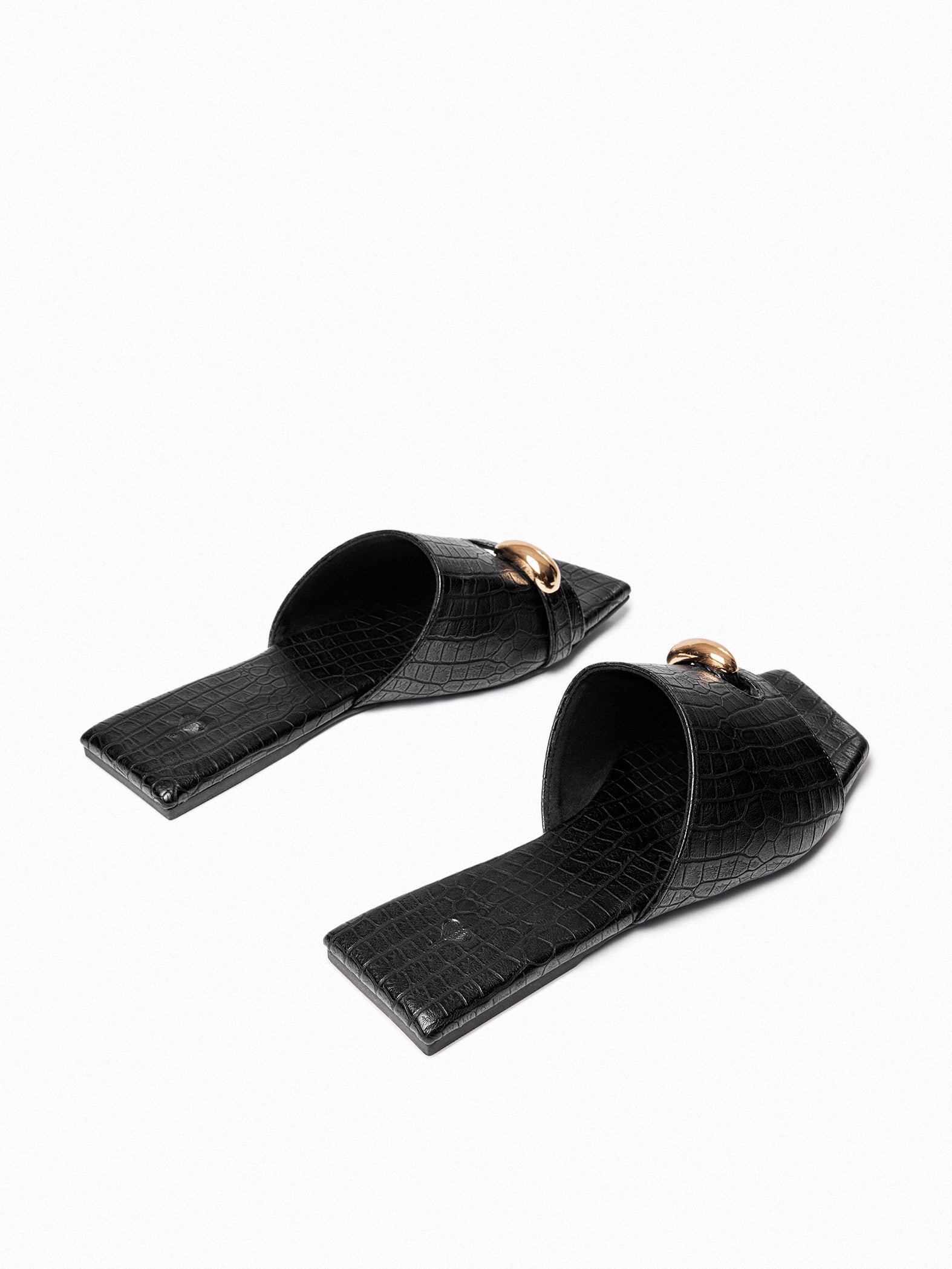 Black Textured Gold Toe Ring Flats