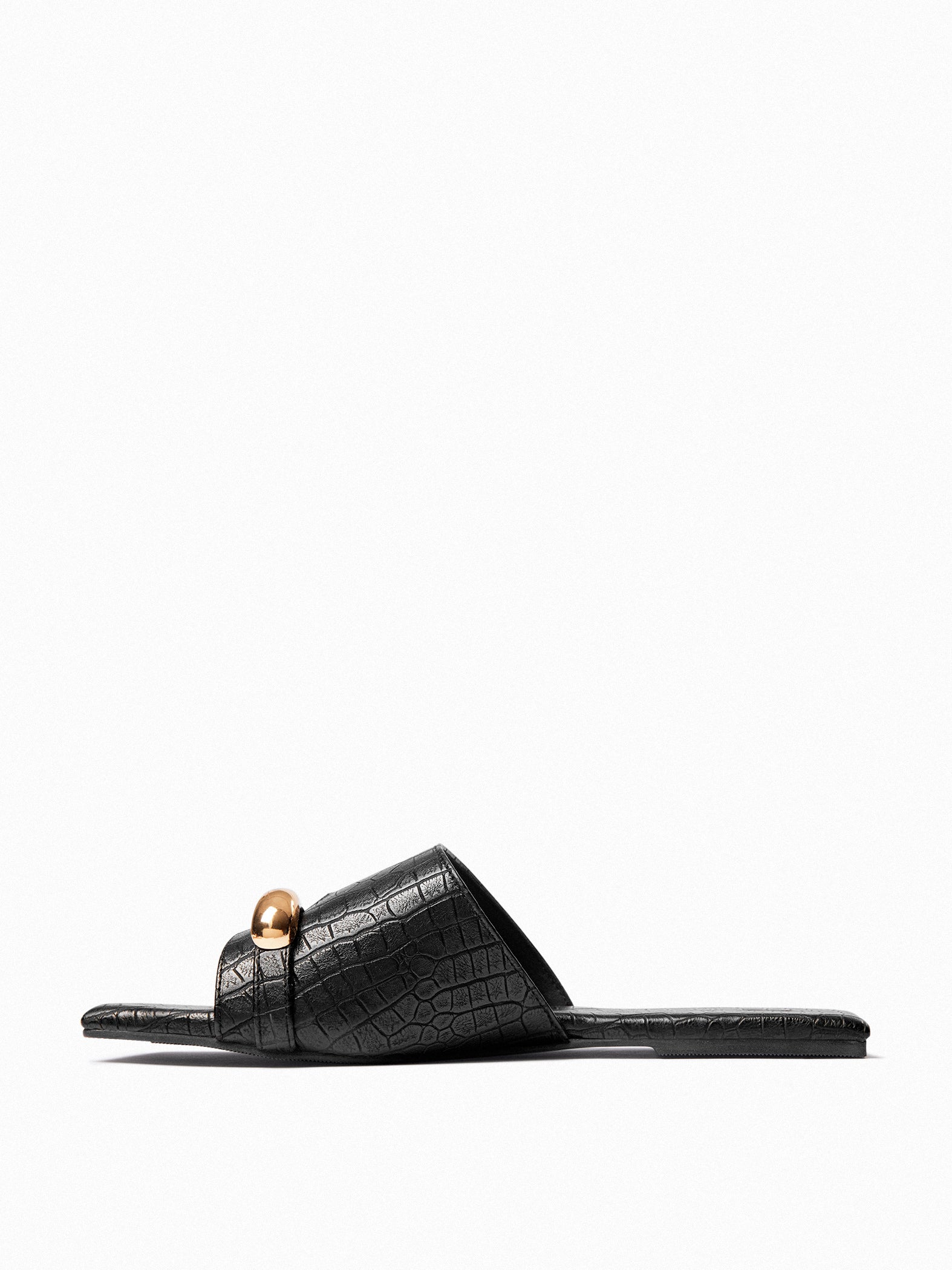 Black Textured Gold Toe Ring Flats