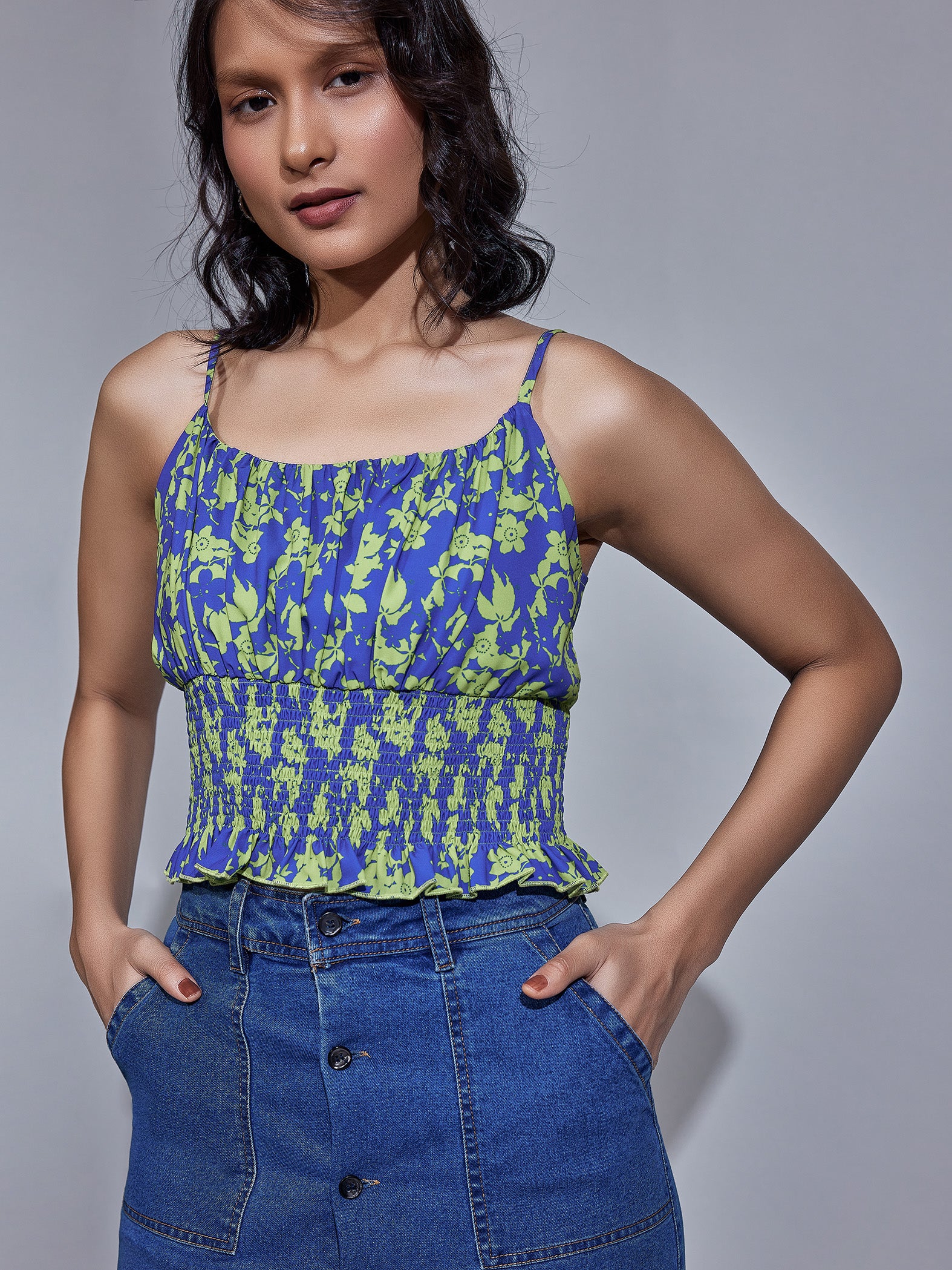 Blue & Pear Floral Print Smocked Top