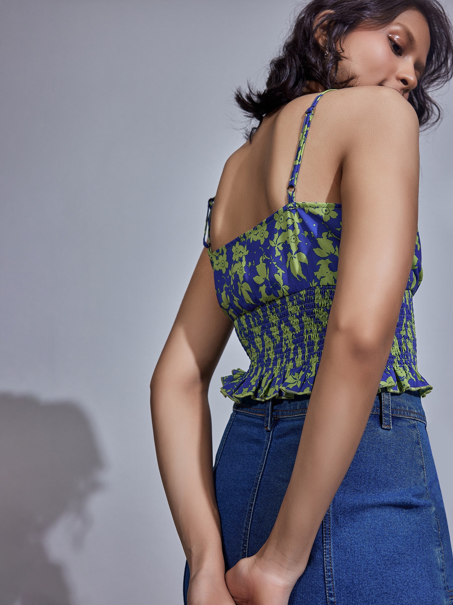 Blue & Pear Floral Print Smocked Top