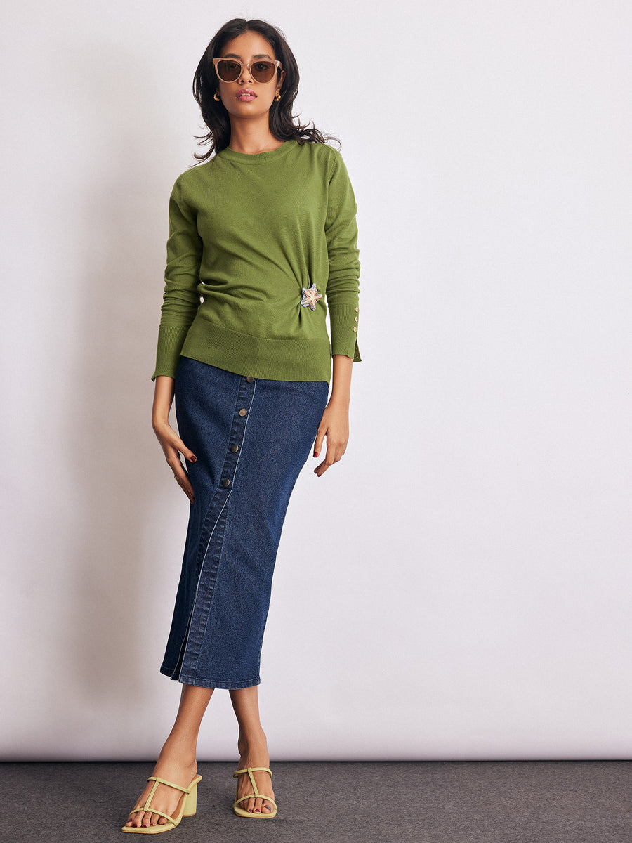 Chartreuse Buttoned Cuff Knit Top