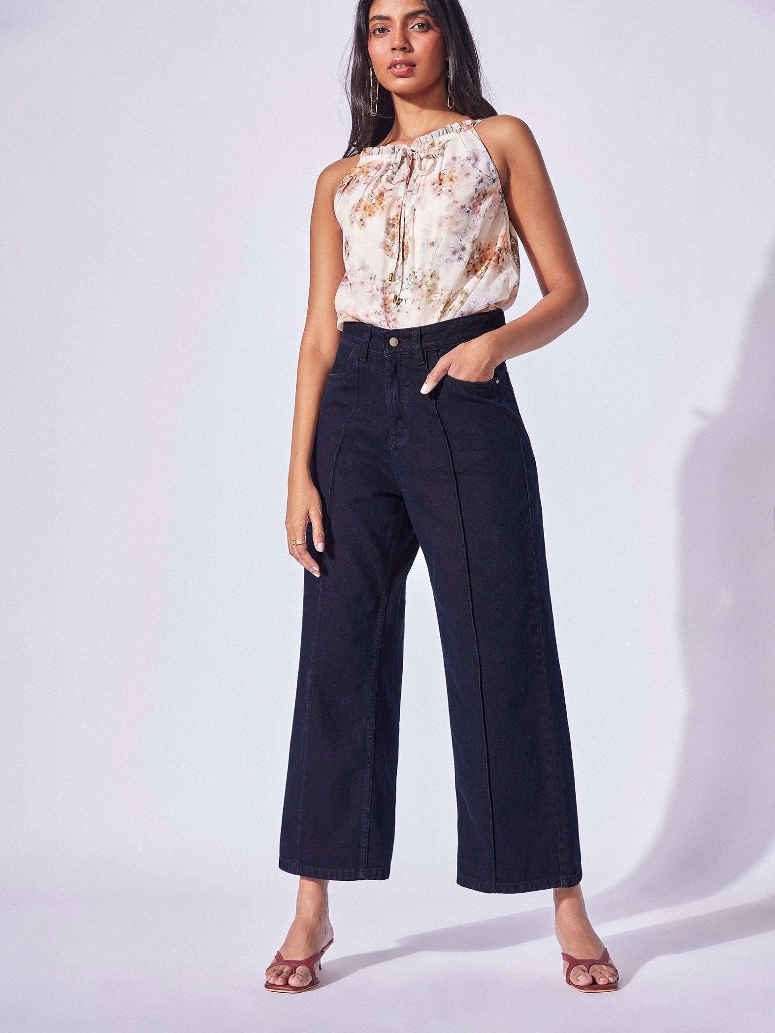 Denim Pintuck Wide Leg Pants