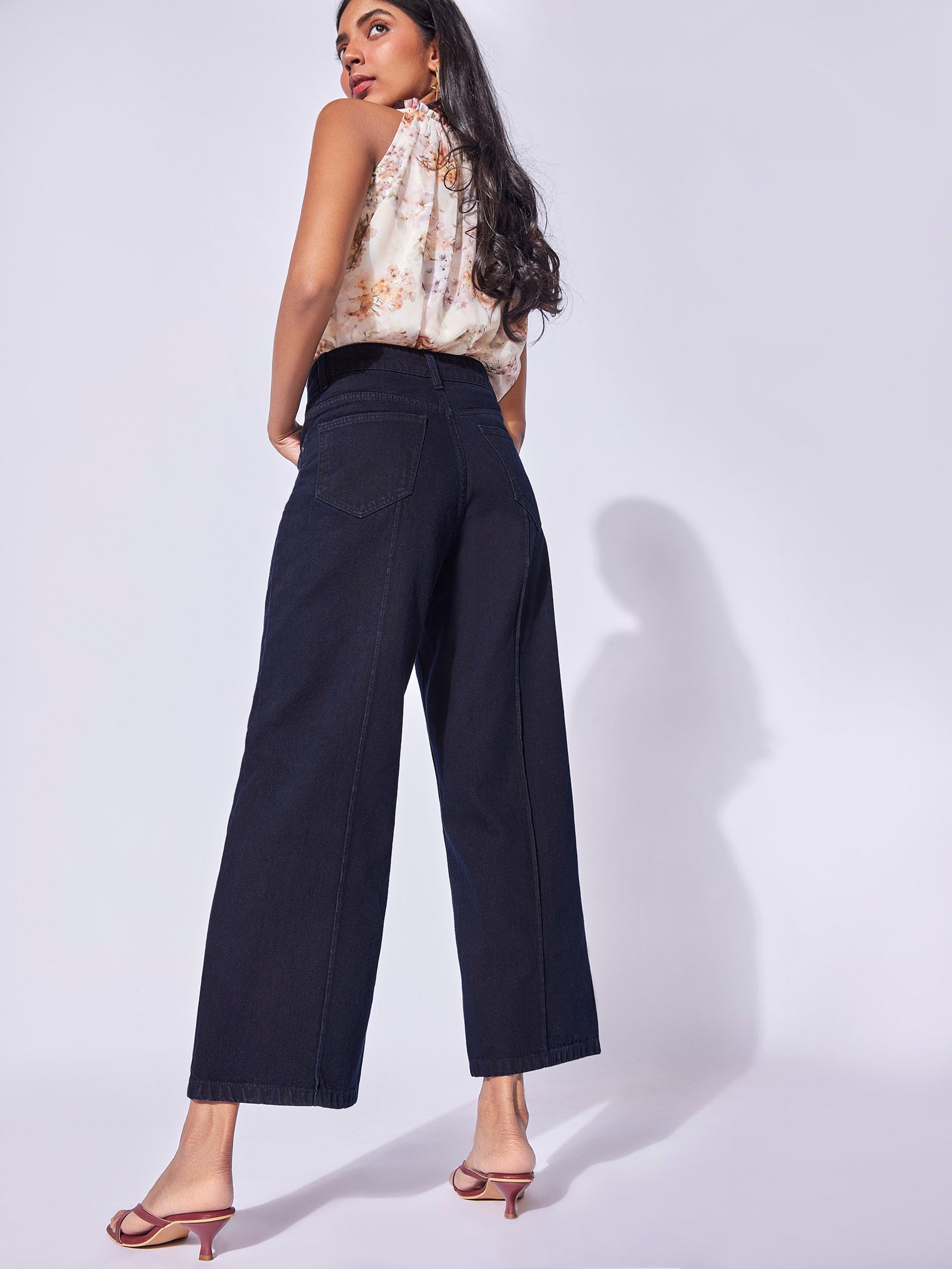 Denim Pintuck Wide Leg Pants