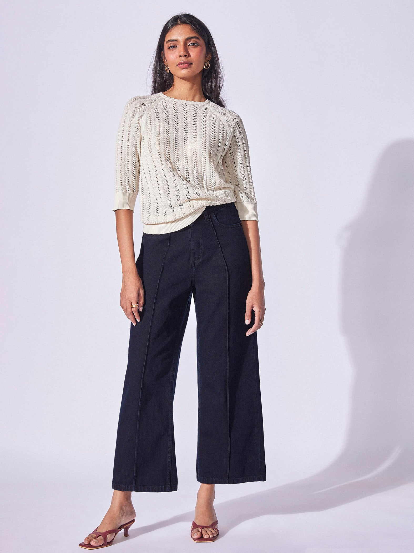 Denim Pintuck Wide Leg Pants