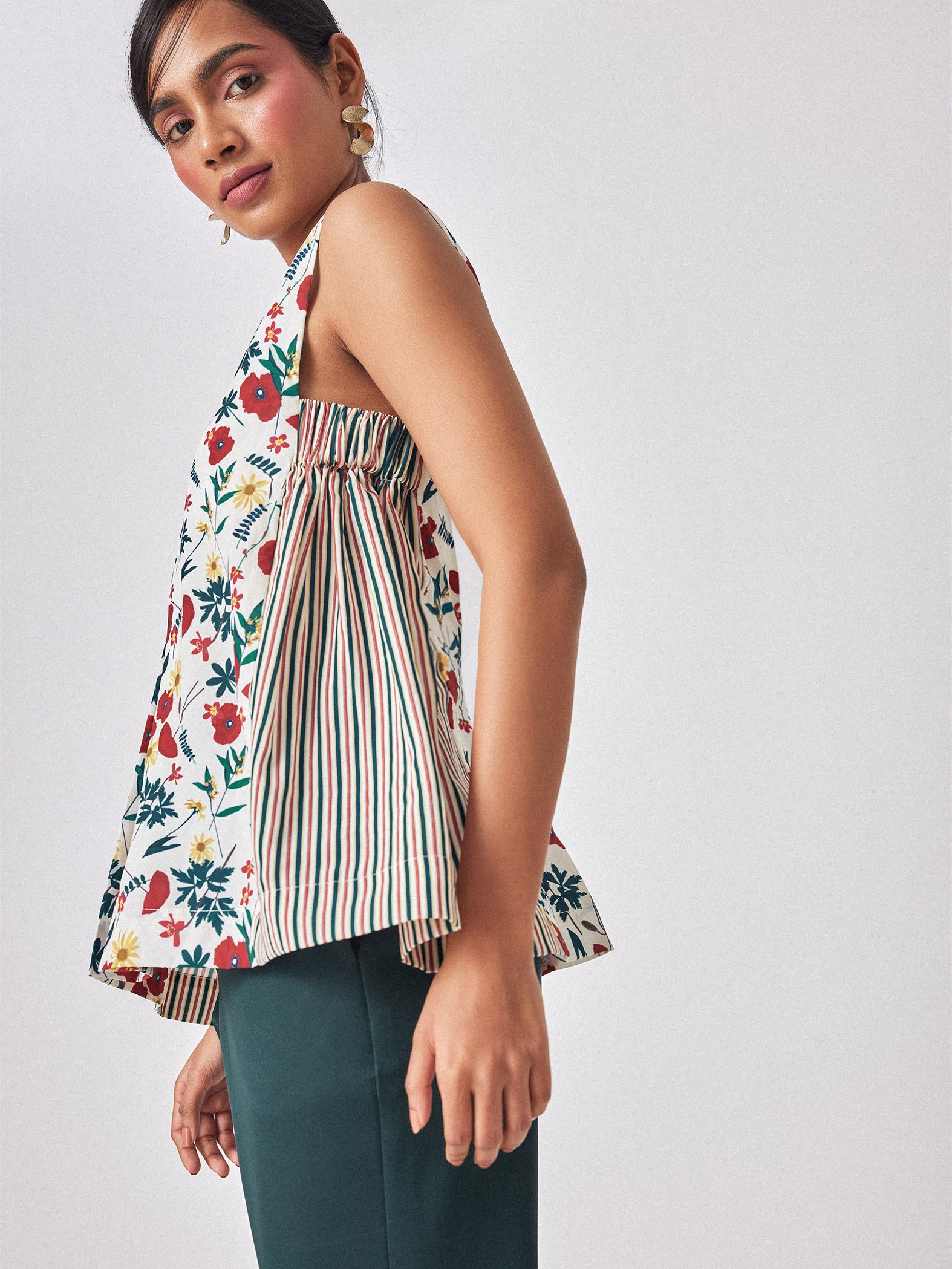 Meadow Print Striped V Neck Top