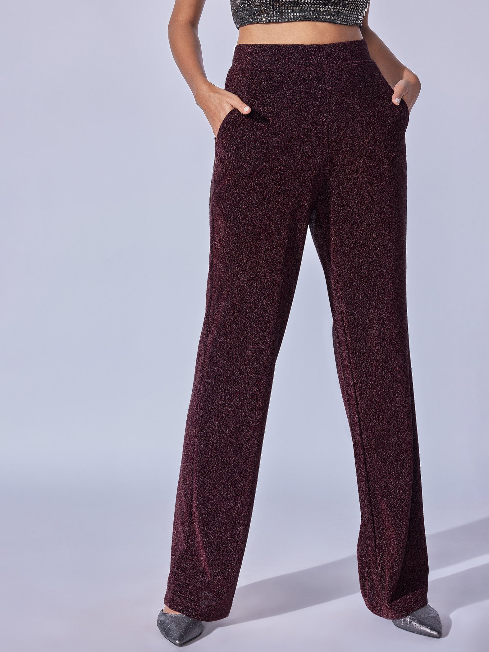 Merlot Shimmer Knit High Waisted Pants