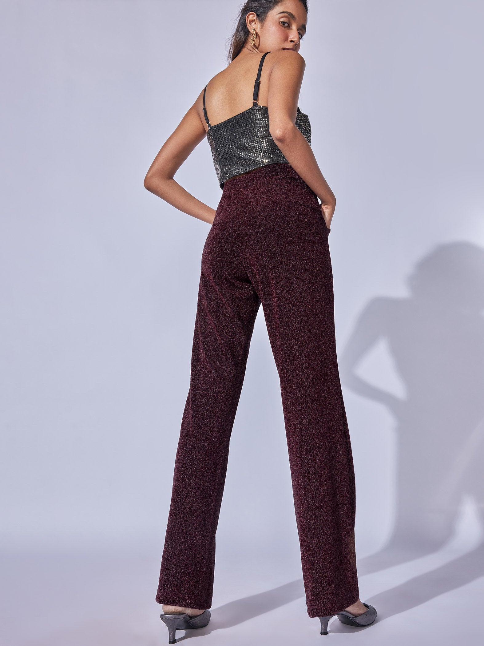 Merlot Shimmer Knit High Waisted Pants
