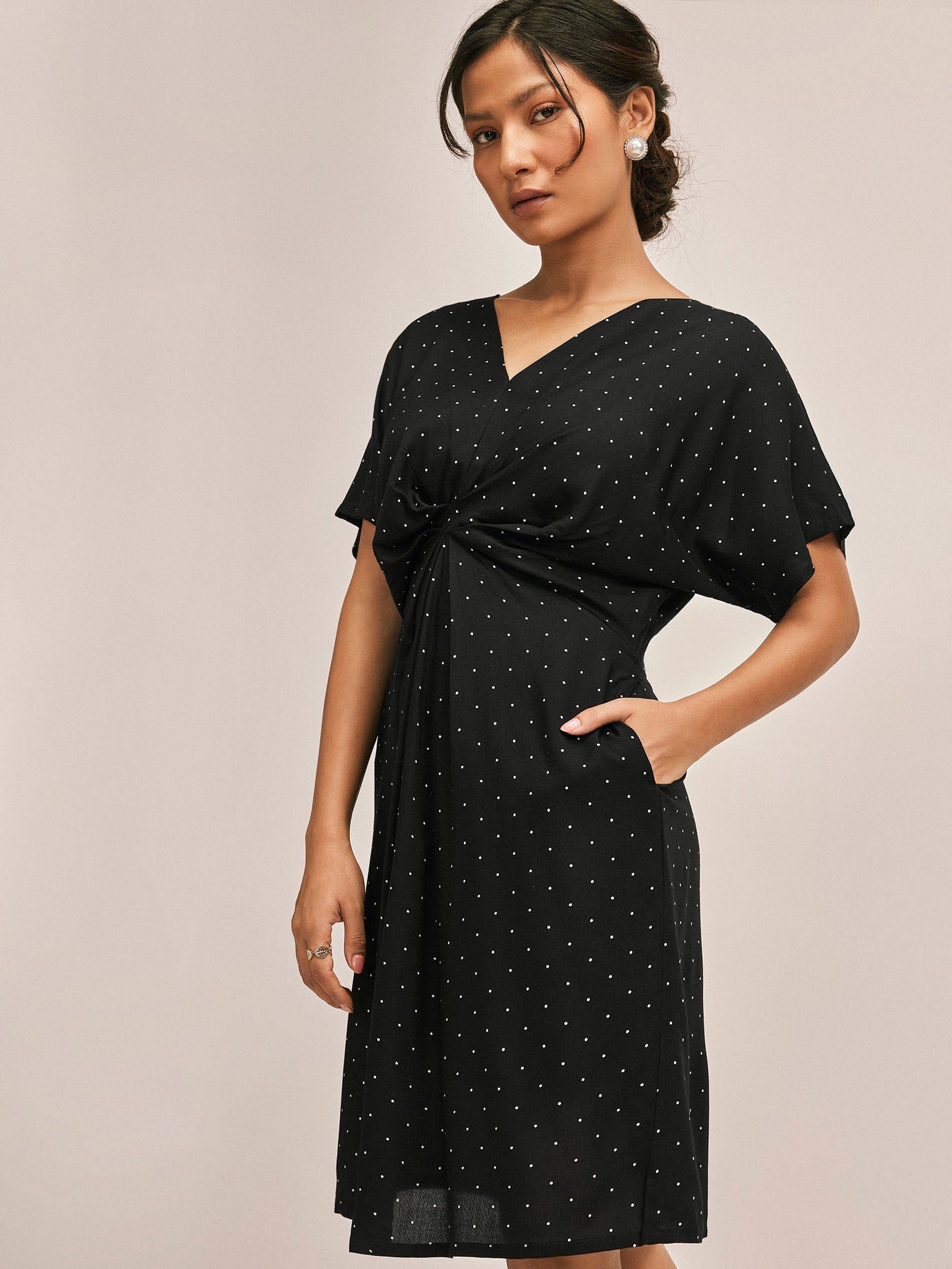 Monochrome Polka Gathered Dress
