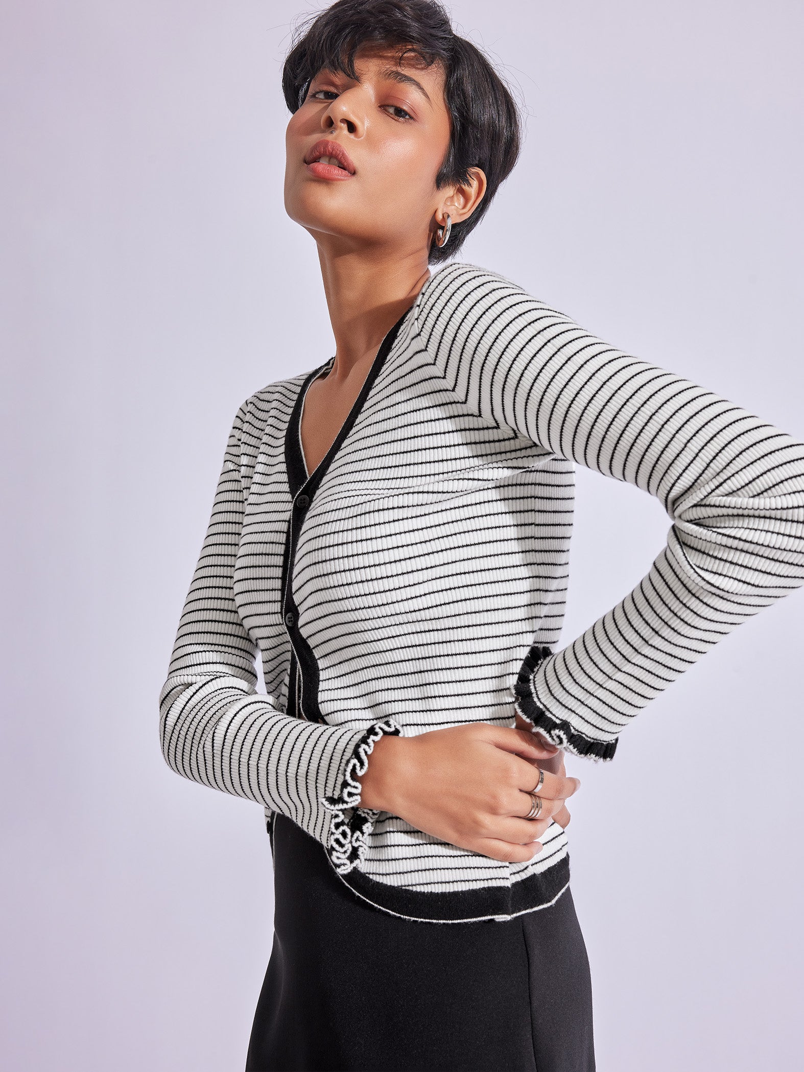 Monochrome Striped V Neck Cardigan
