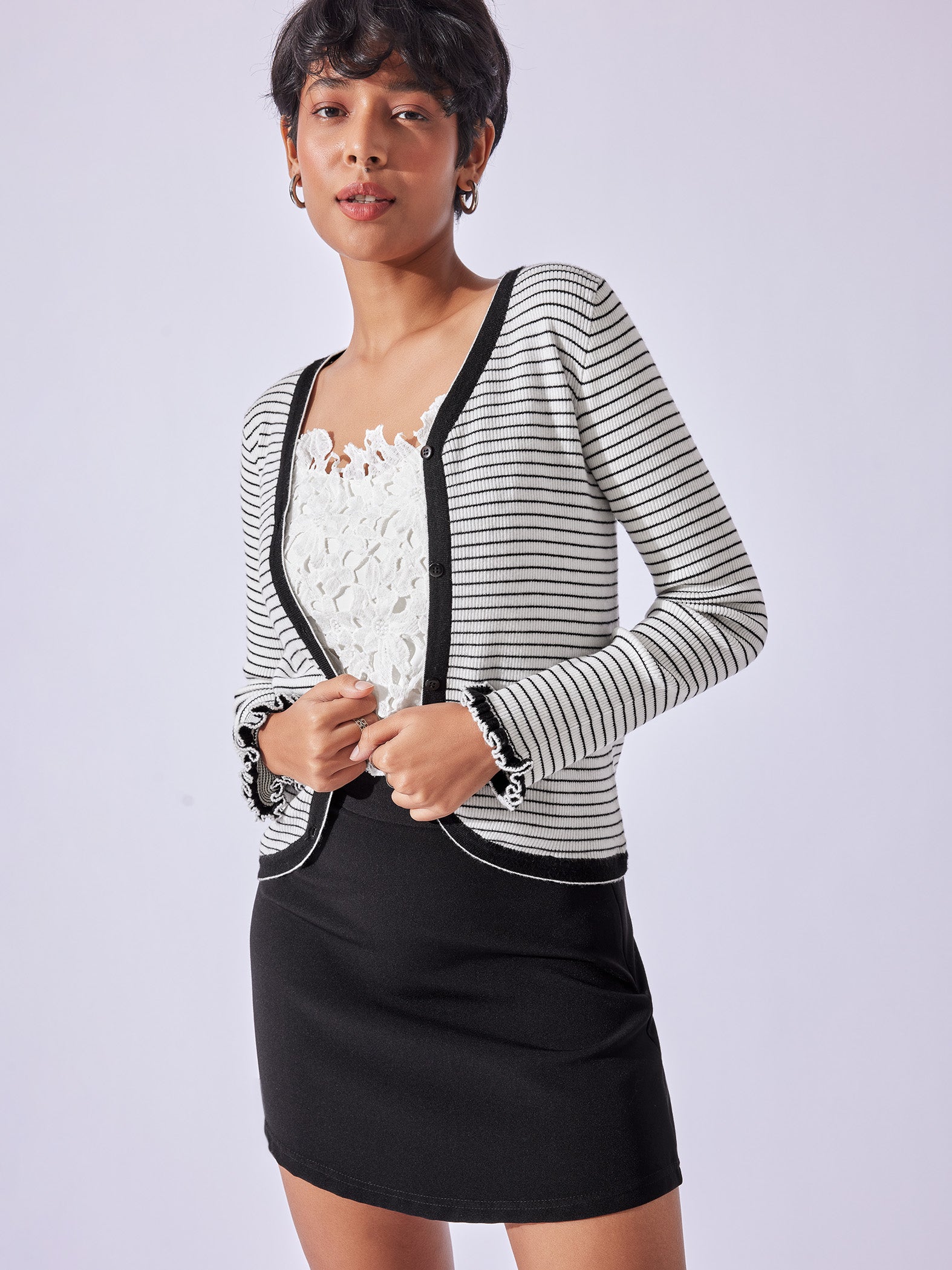 Monochrome Striped V Neck Cardigan