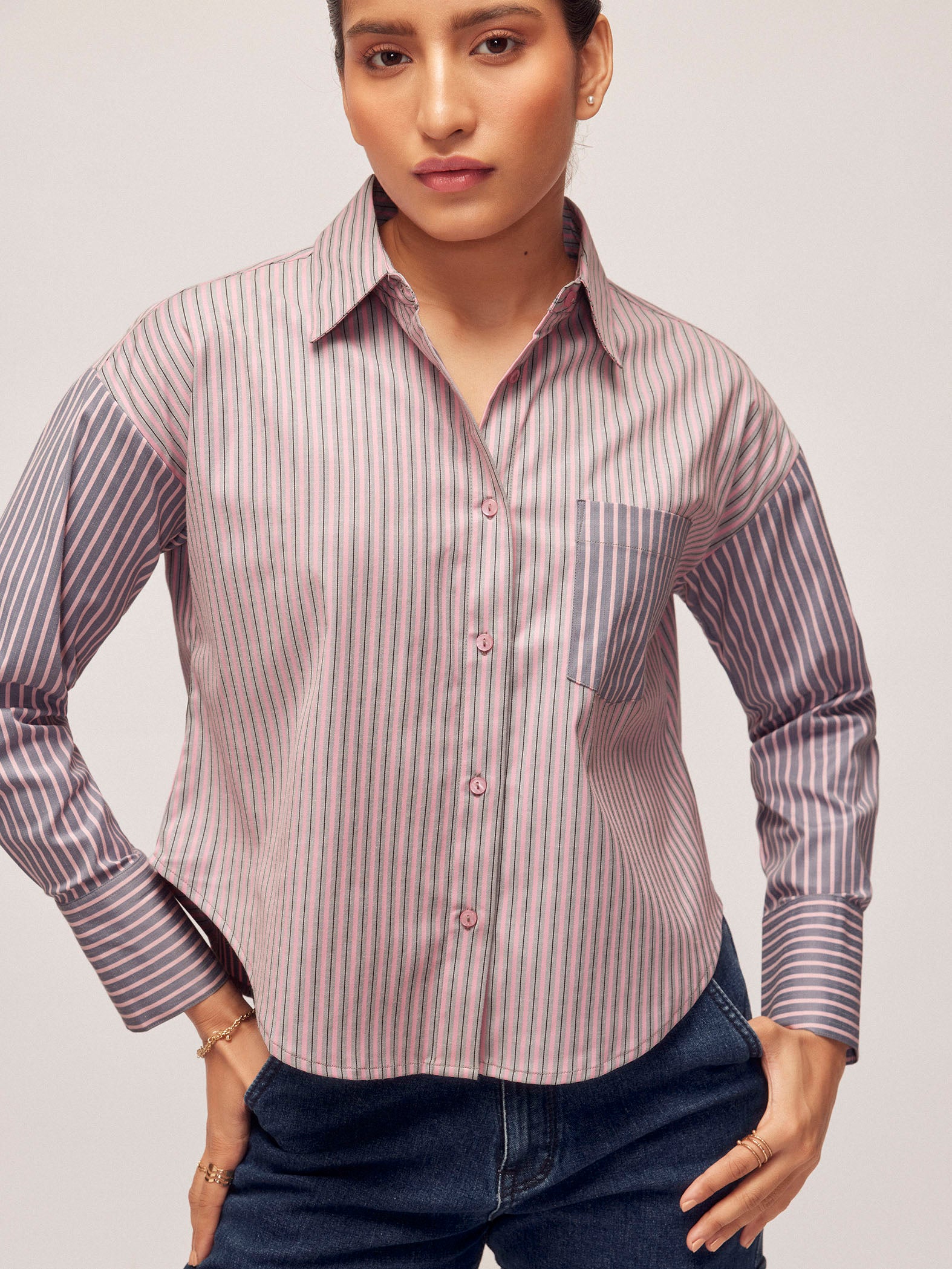 Stripe Color Block Split Shirt Short Set