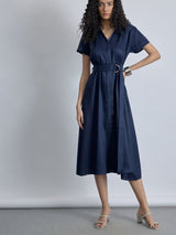 Navy Twill Self-Tie Shirt Dress