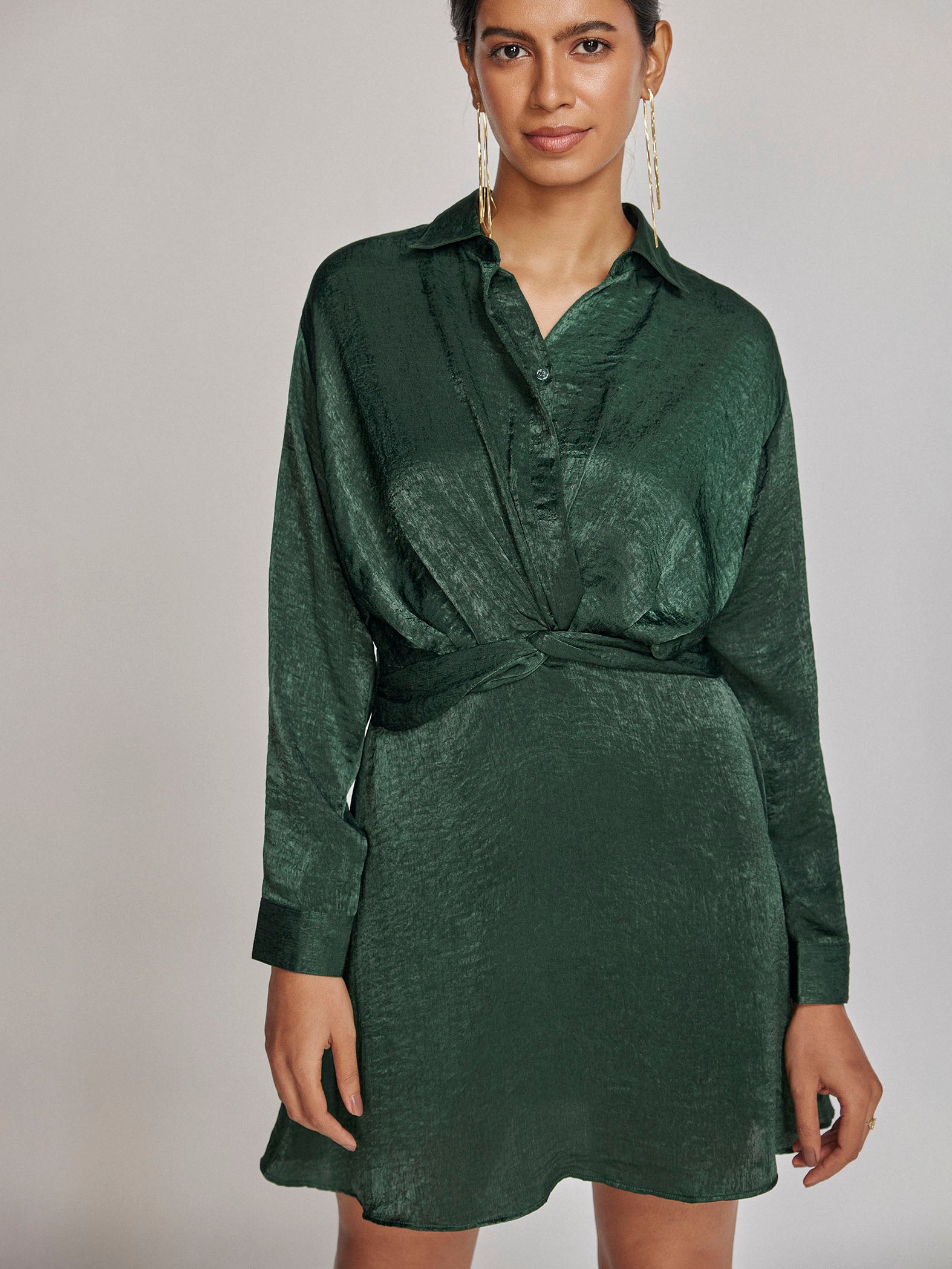 Pine Satin Front Twist Dress