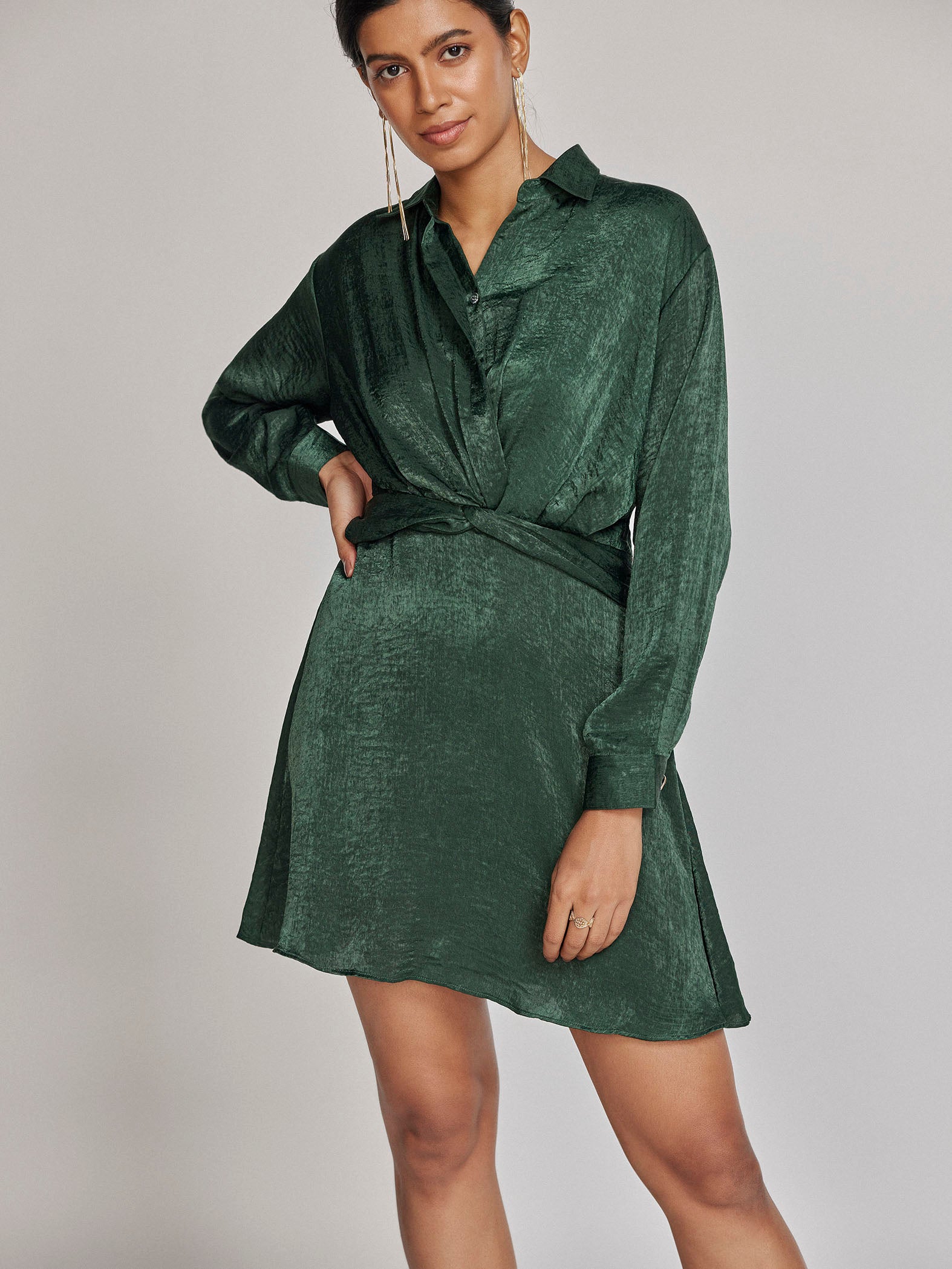 Pine Satin Front Twist Dress