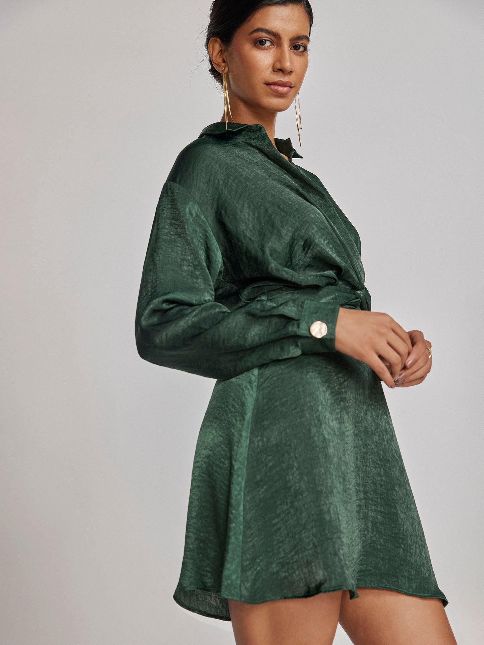 Pine Satin Front Twist Dress