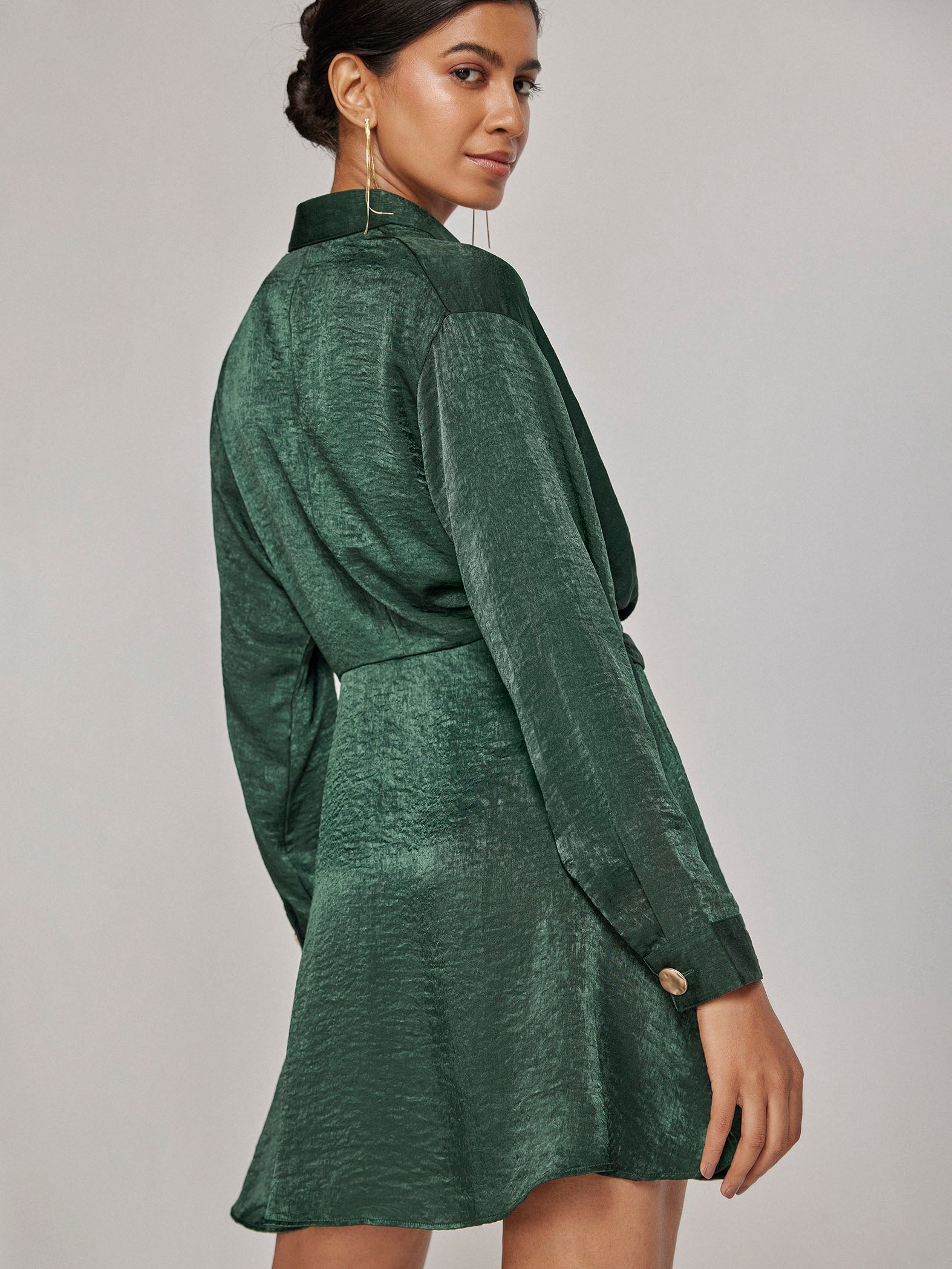 Pine Satin Front Twist Dress