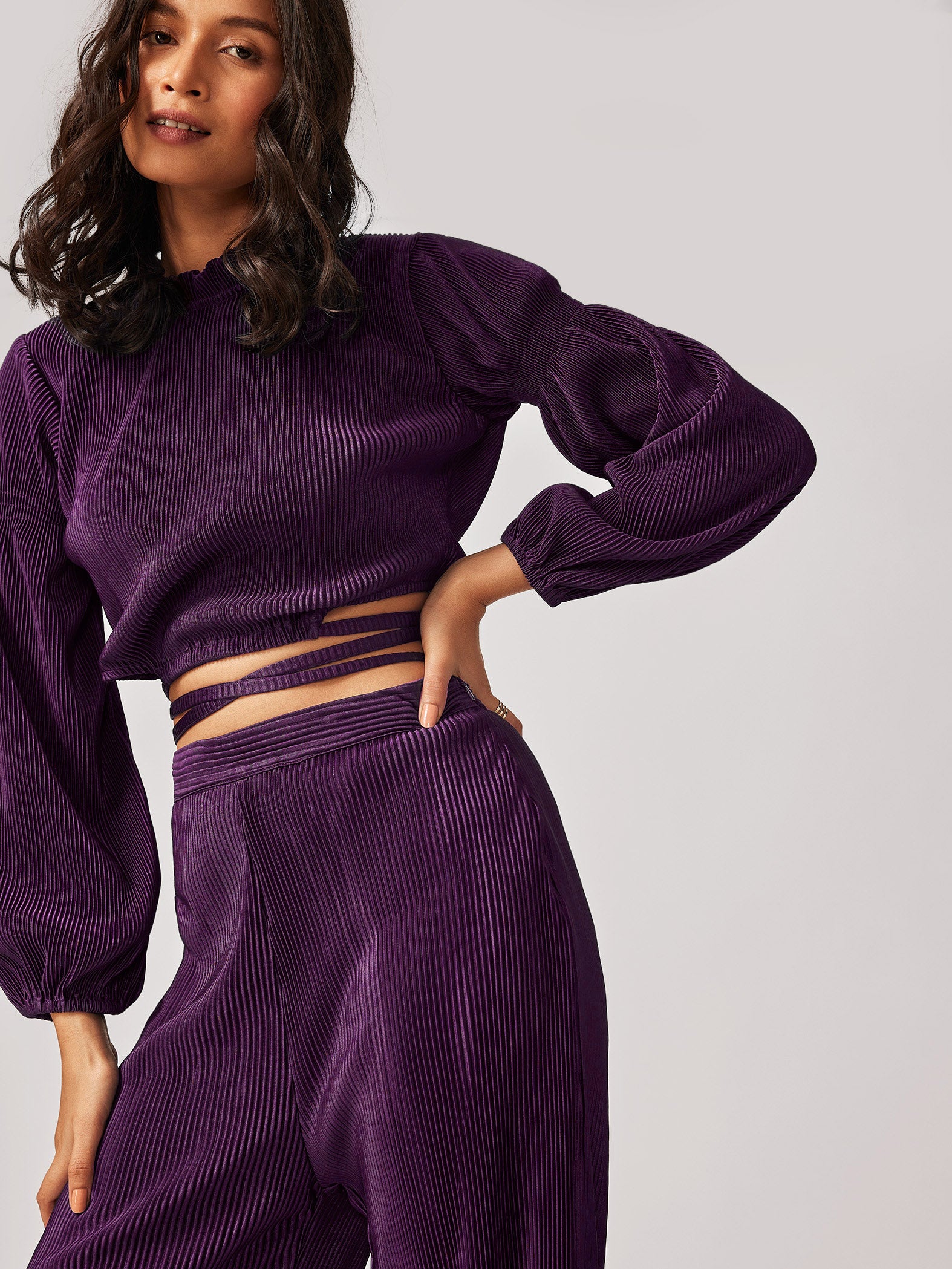 Plum Pleated Tie-Up Crop Top
