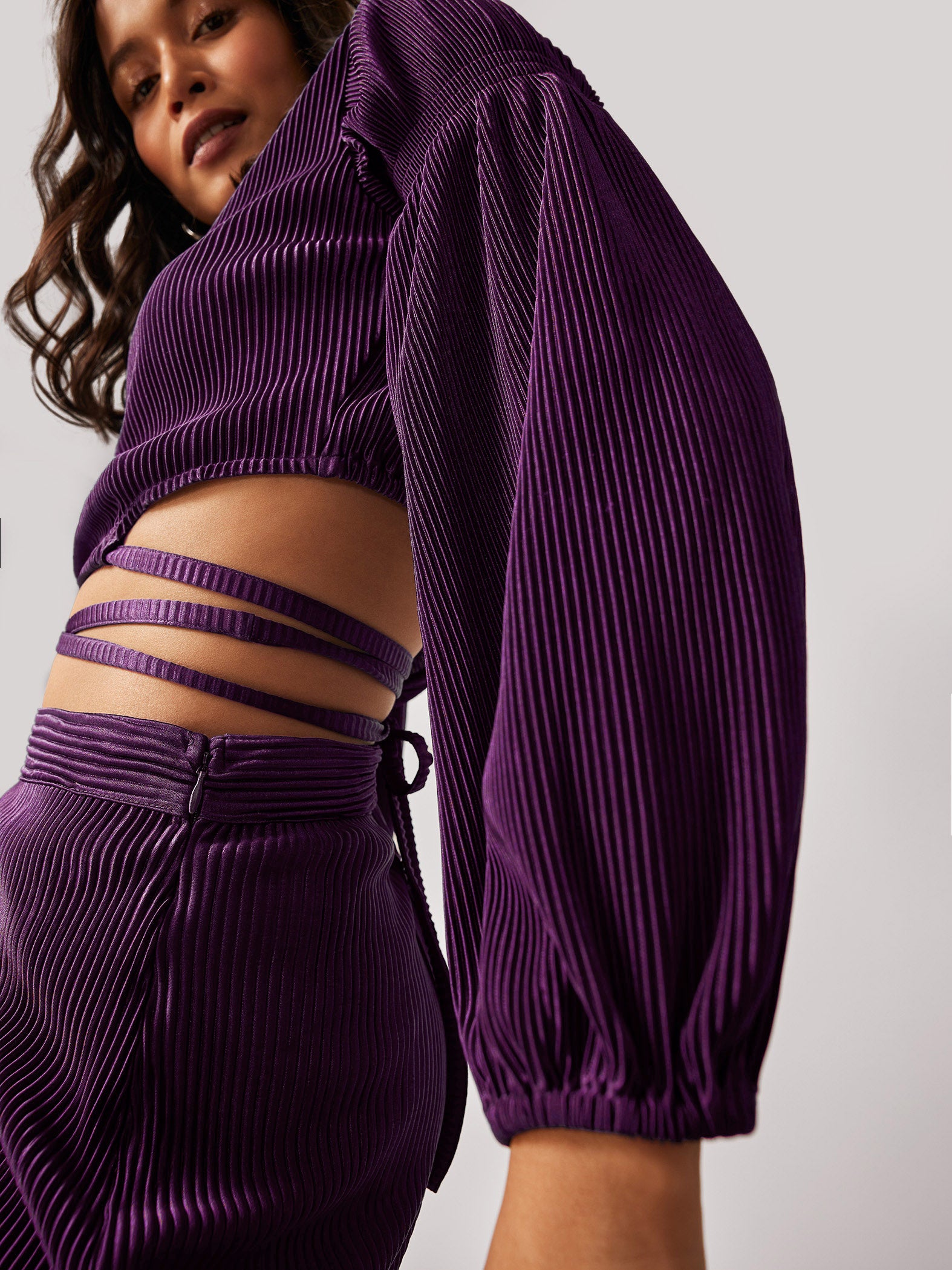 Plum Pleated Tie-Up Crop Top
