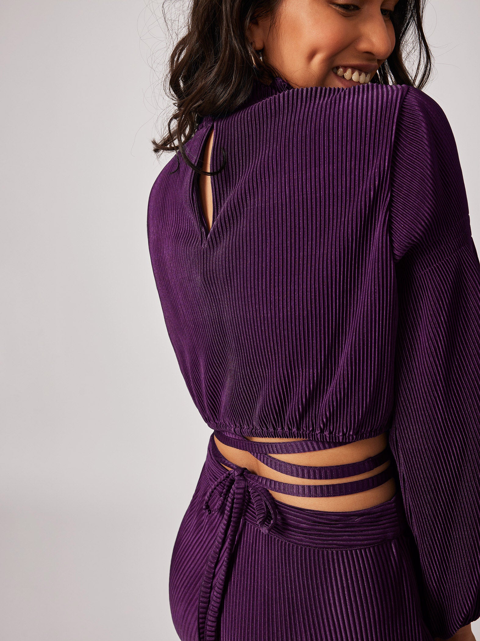 Plum Pleated Tie-Up Crop Top