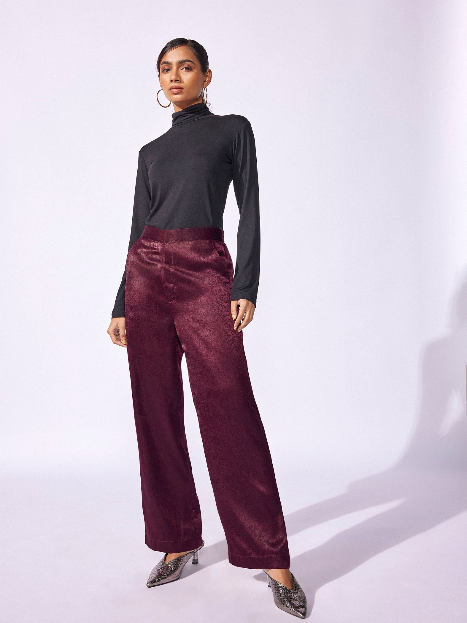 Plum Satin Wide Leg Trousers
