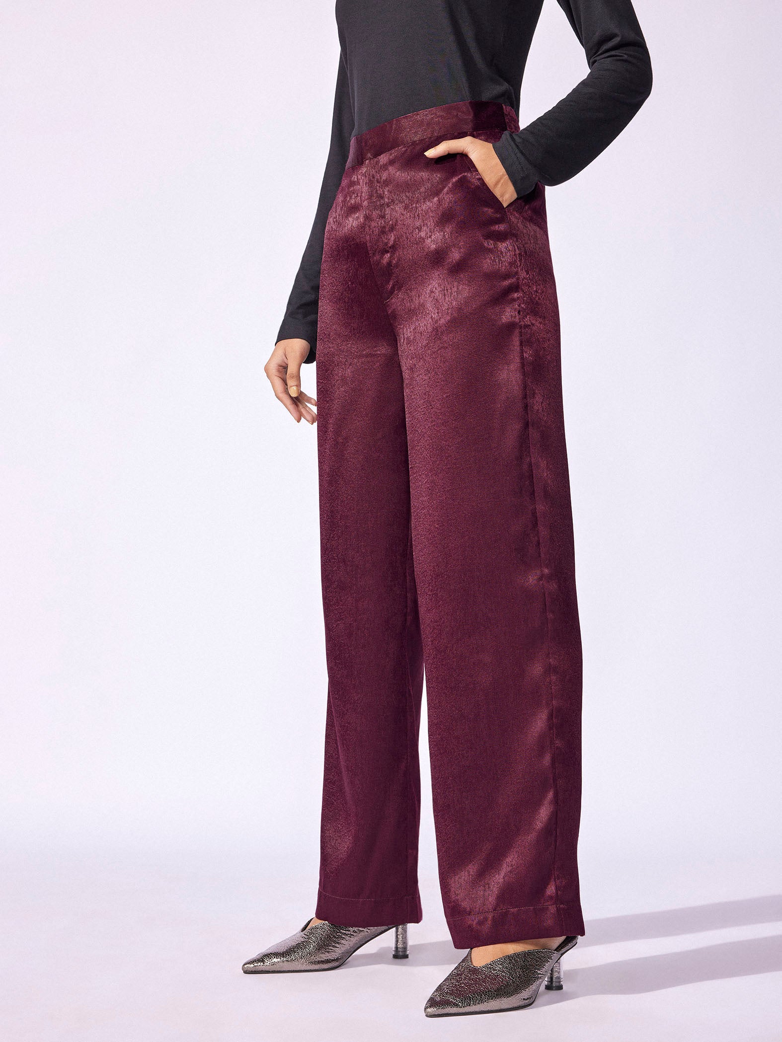 Plum Satin Wide Leg Trousers