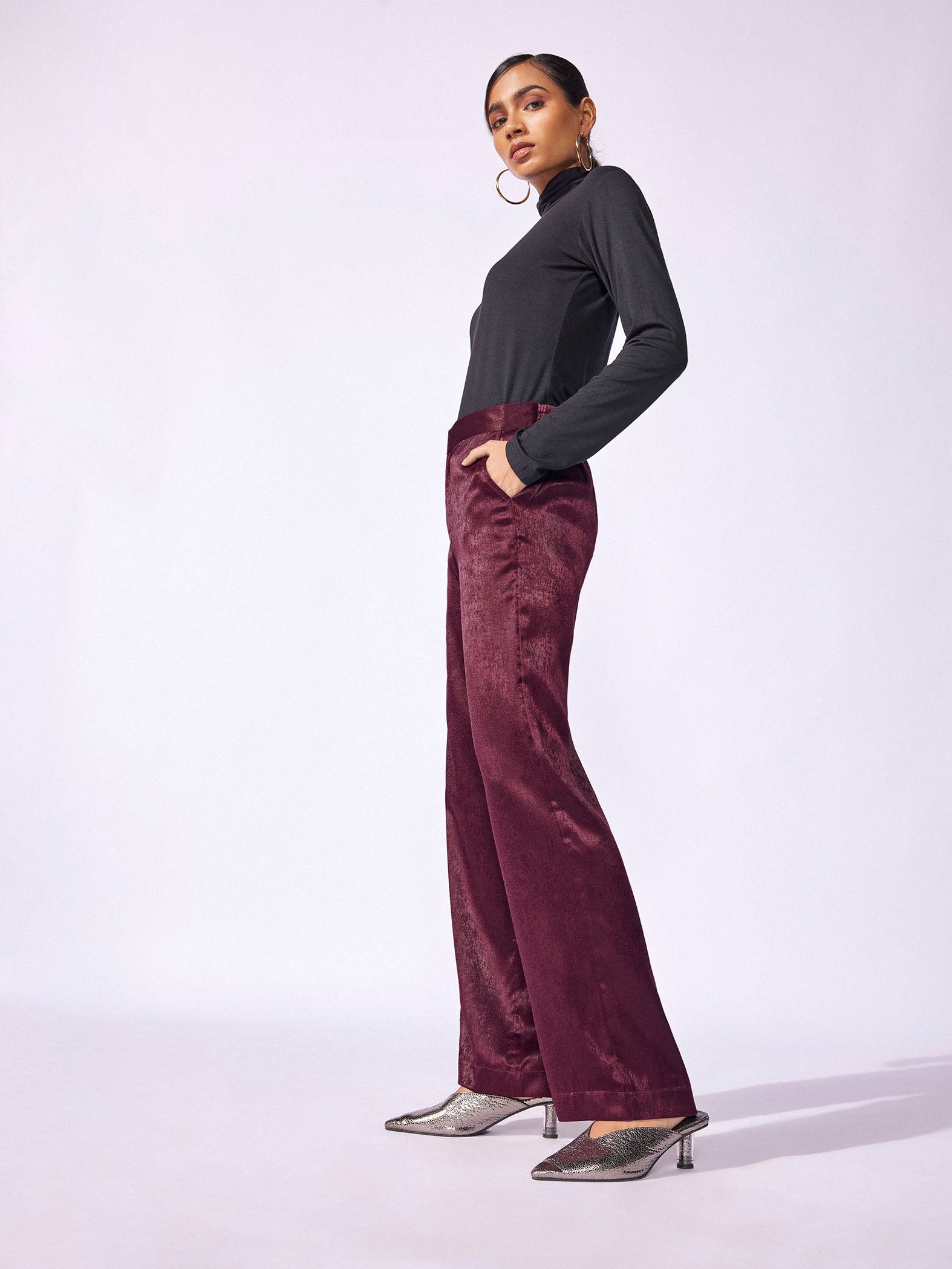 Plum Satin Wide Leg Trousers