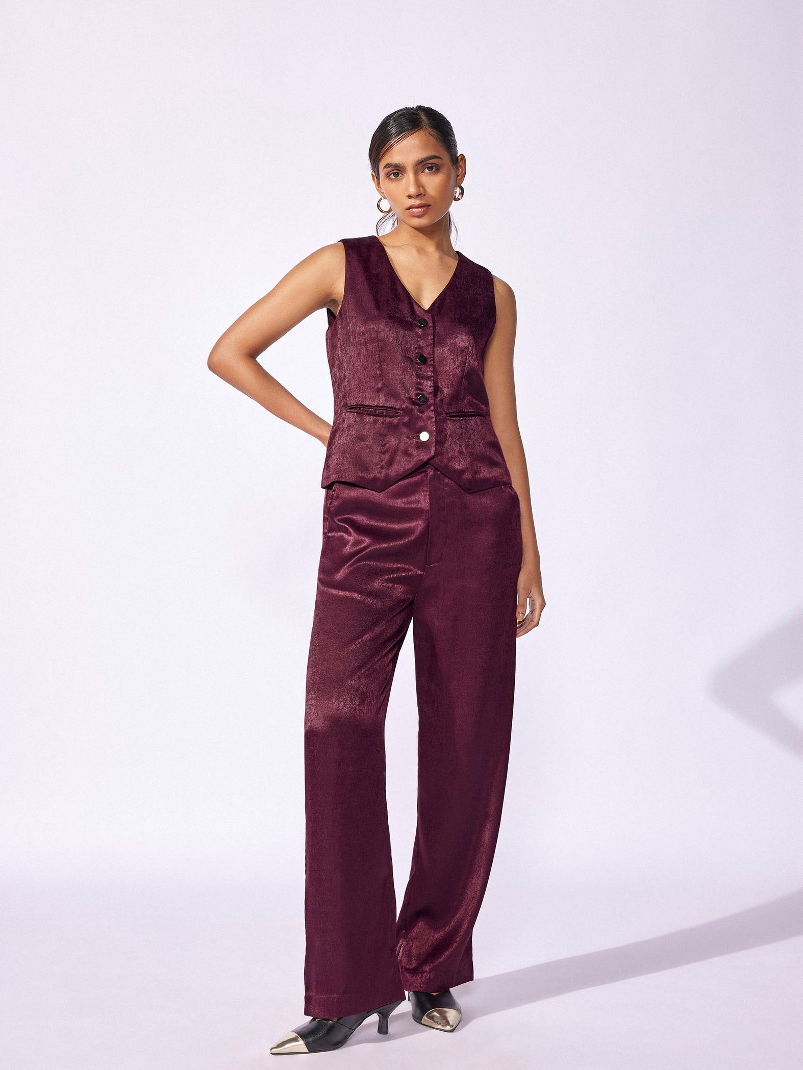 Plum Satin Wide Leg Trousers