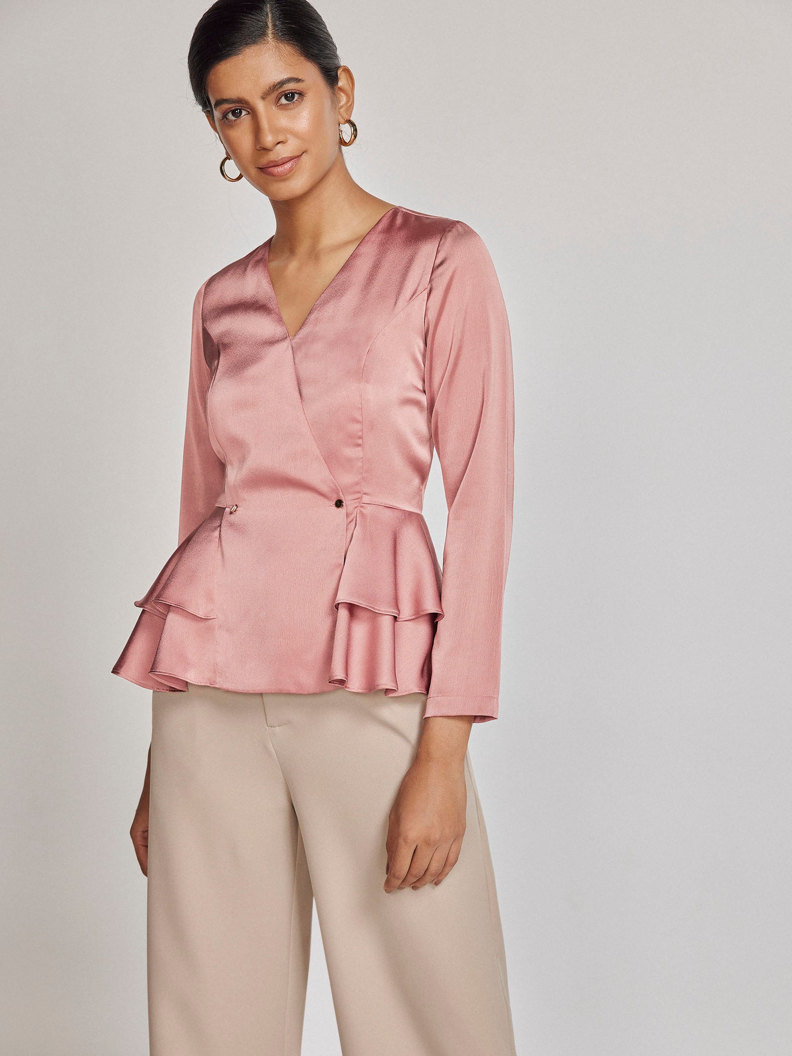 Pine Ruched Peplum Long Sleeve Satin Top