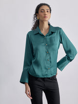 Teal Satin Side Ruched Shirt