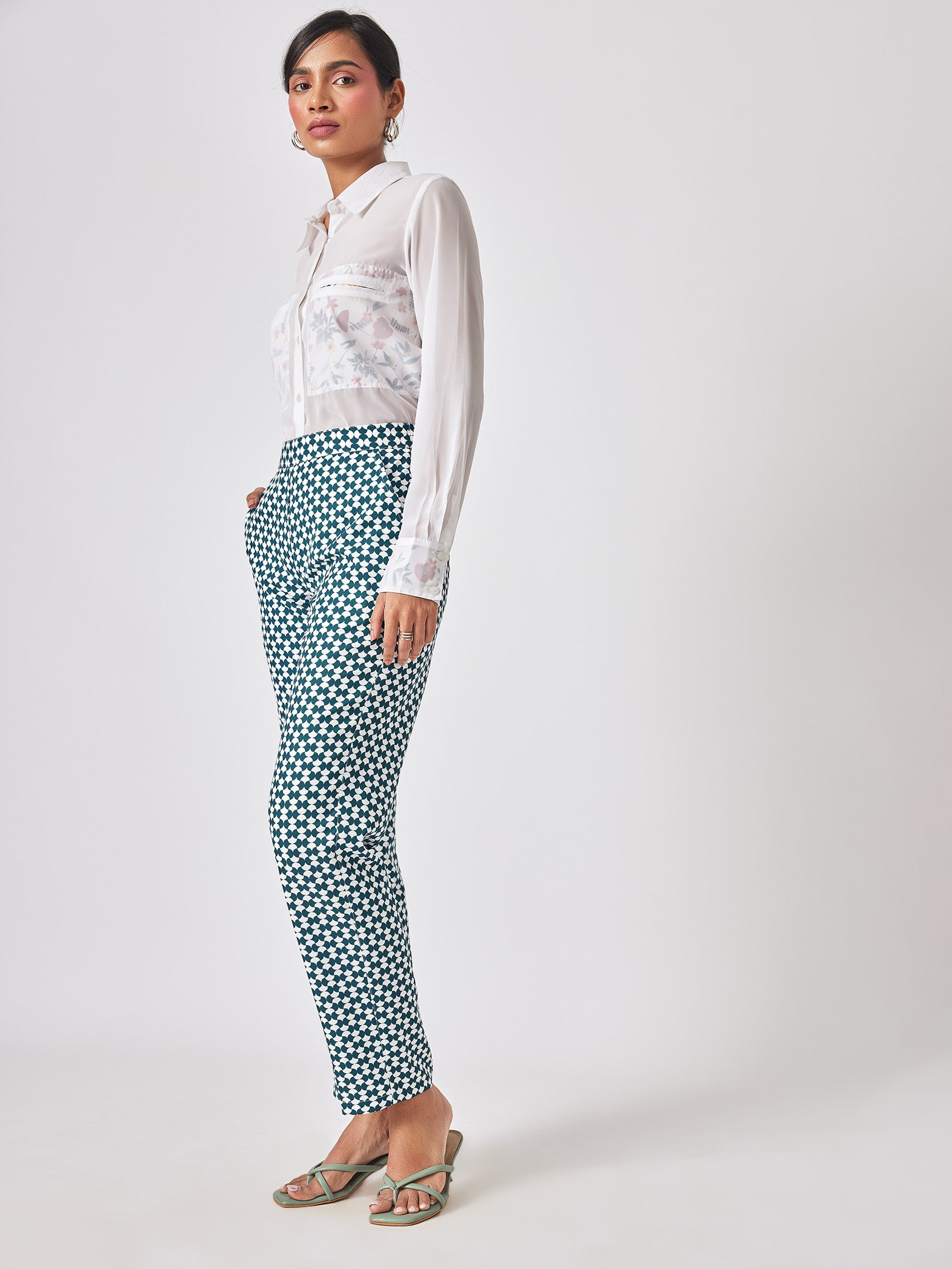 White & Teal Geo Print Trousers