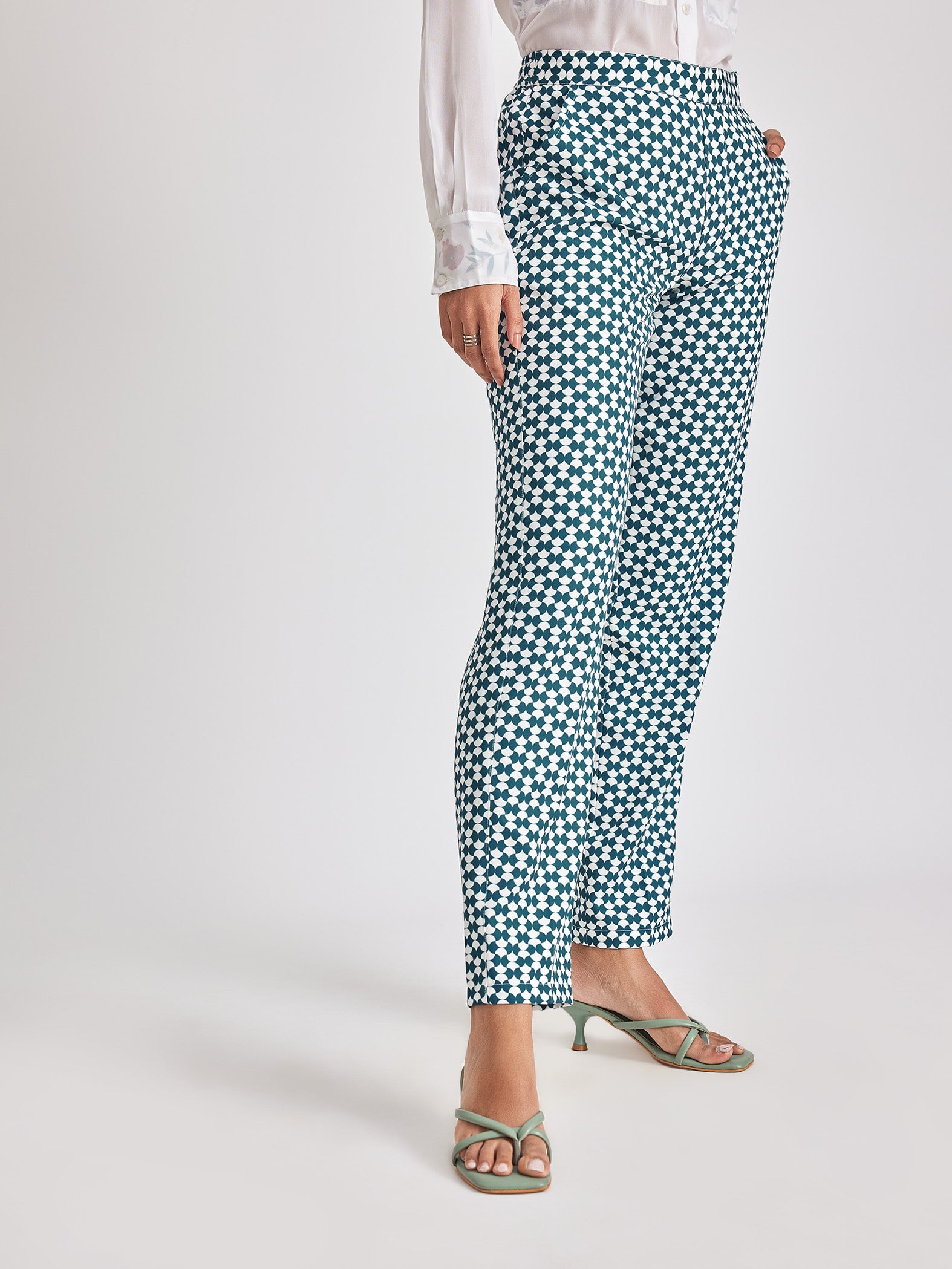 White & Teal Geo Print Trousers