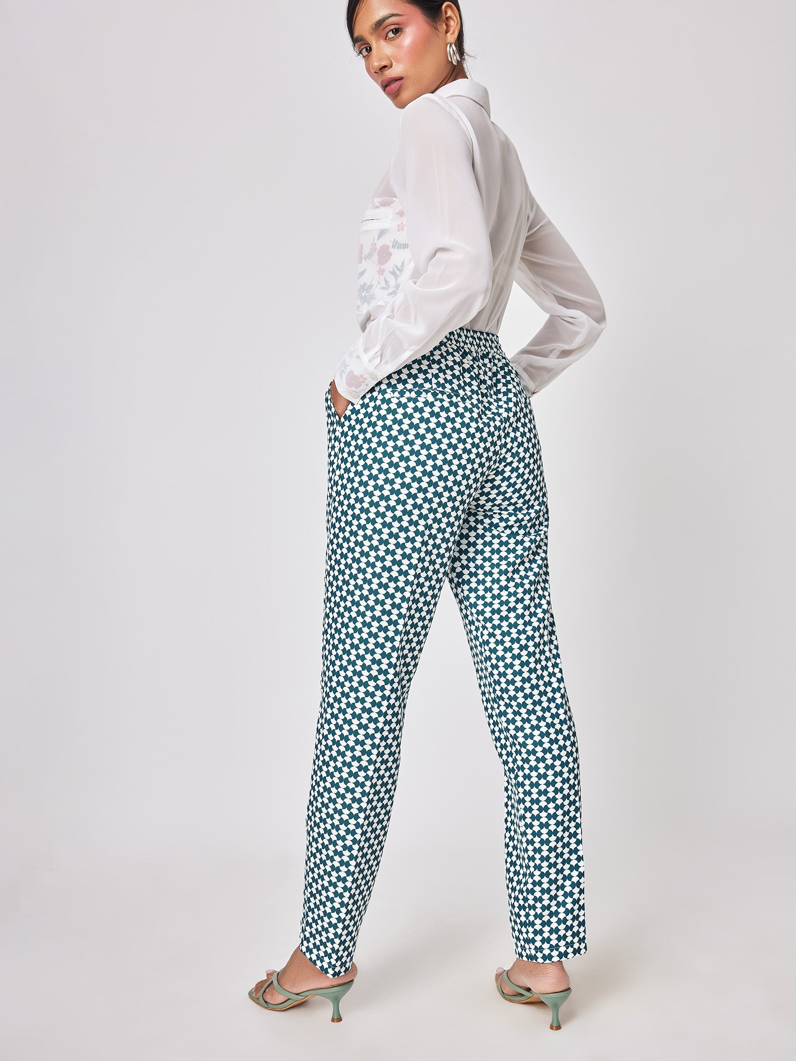 White & Teal Geo Print Trousers
