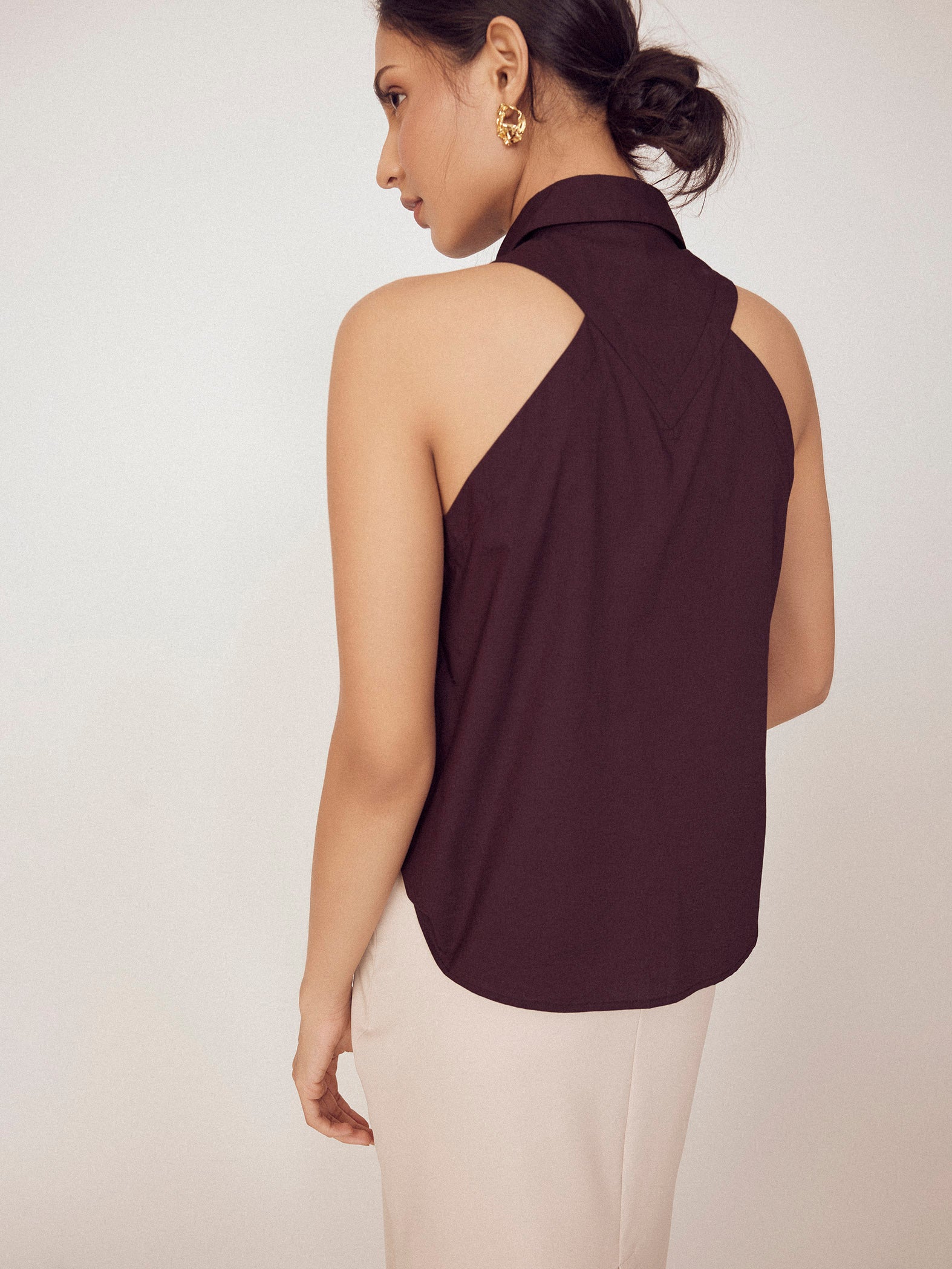 Wine Collar Pin Detail In Cut Shirt