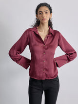 Wine Satin Side Ruched Shirt