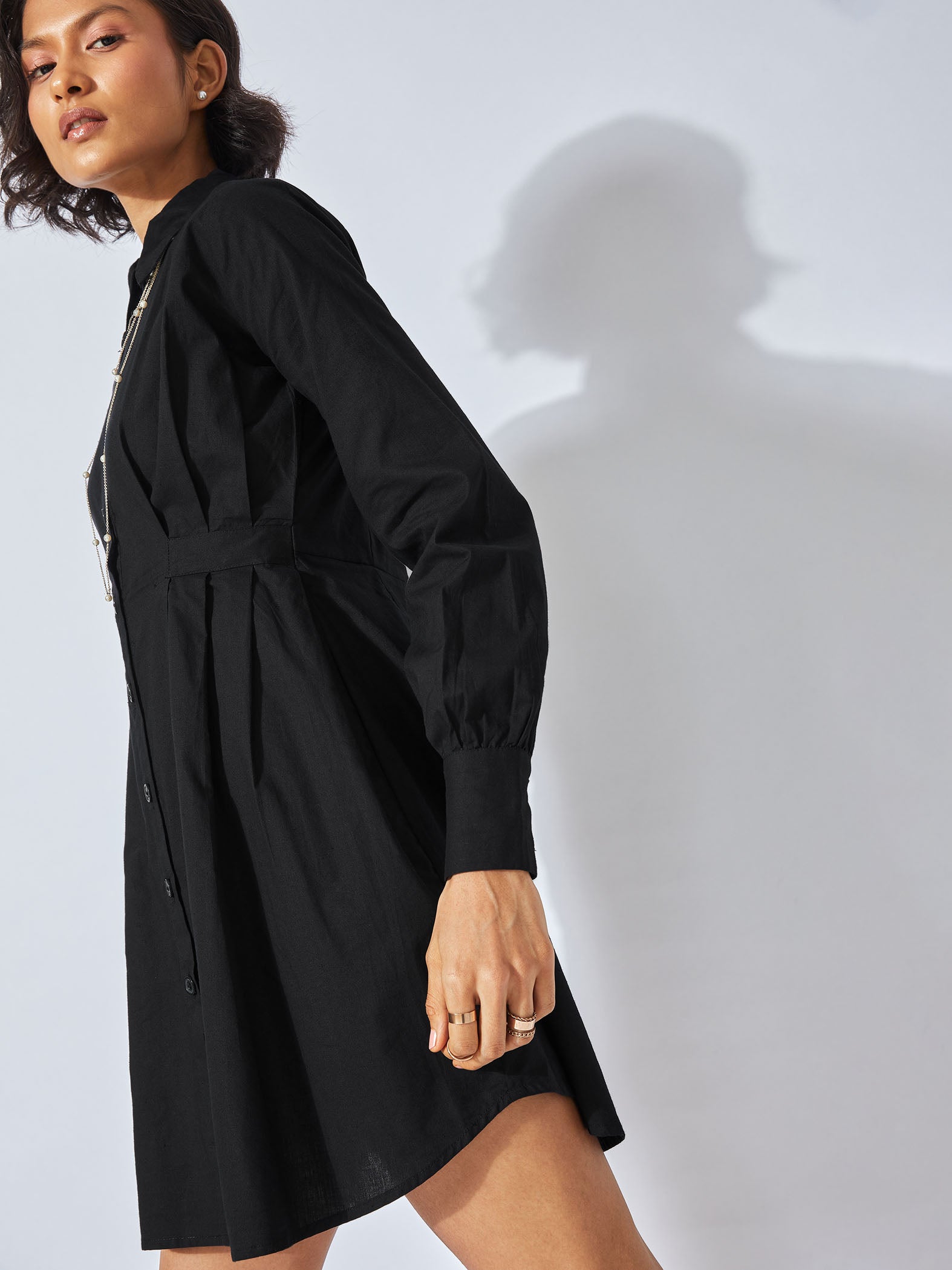 Black Pleated Button Down Dress