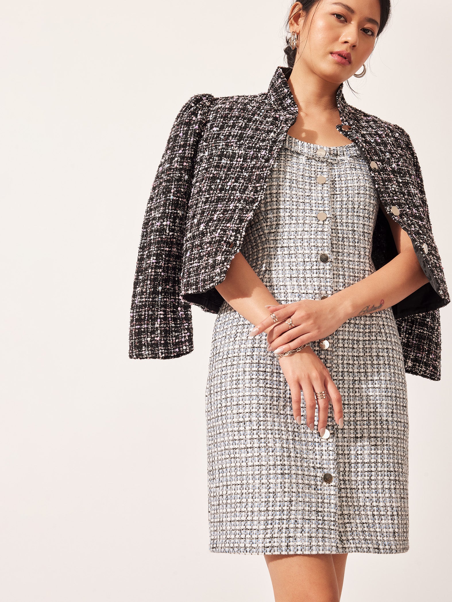 Blue Tweed Button Down Dress