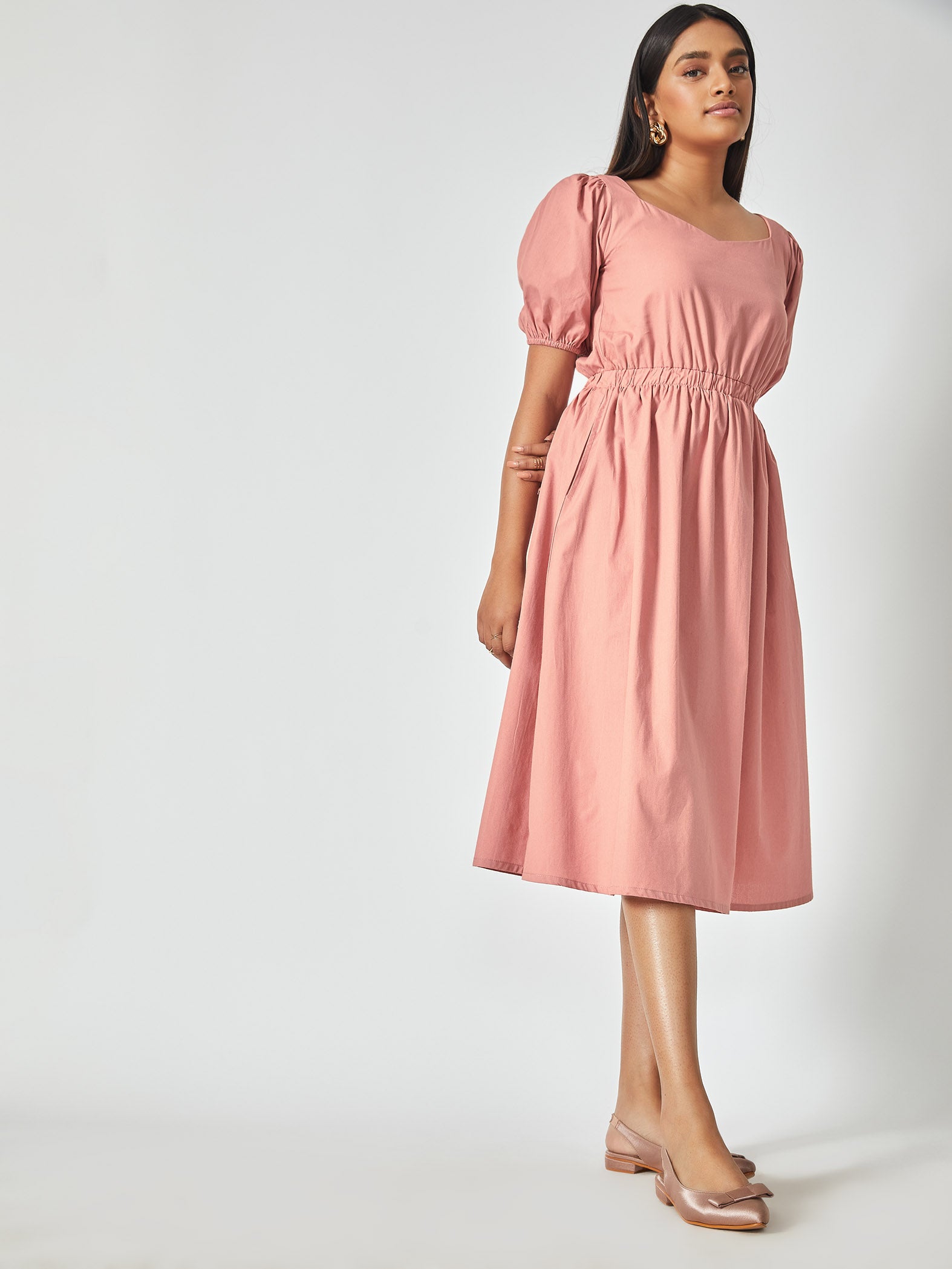 Blush Puff Sleeve Cinched Dress