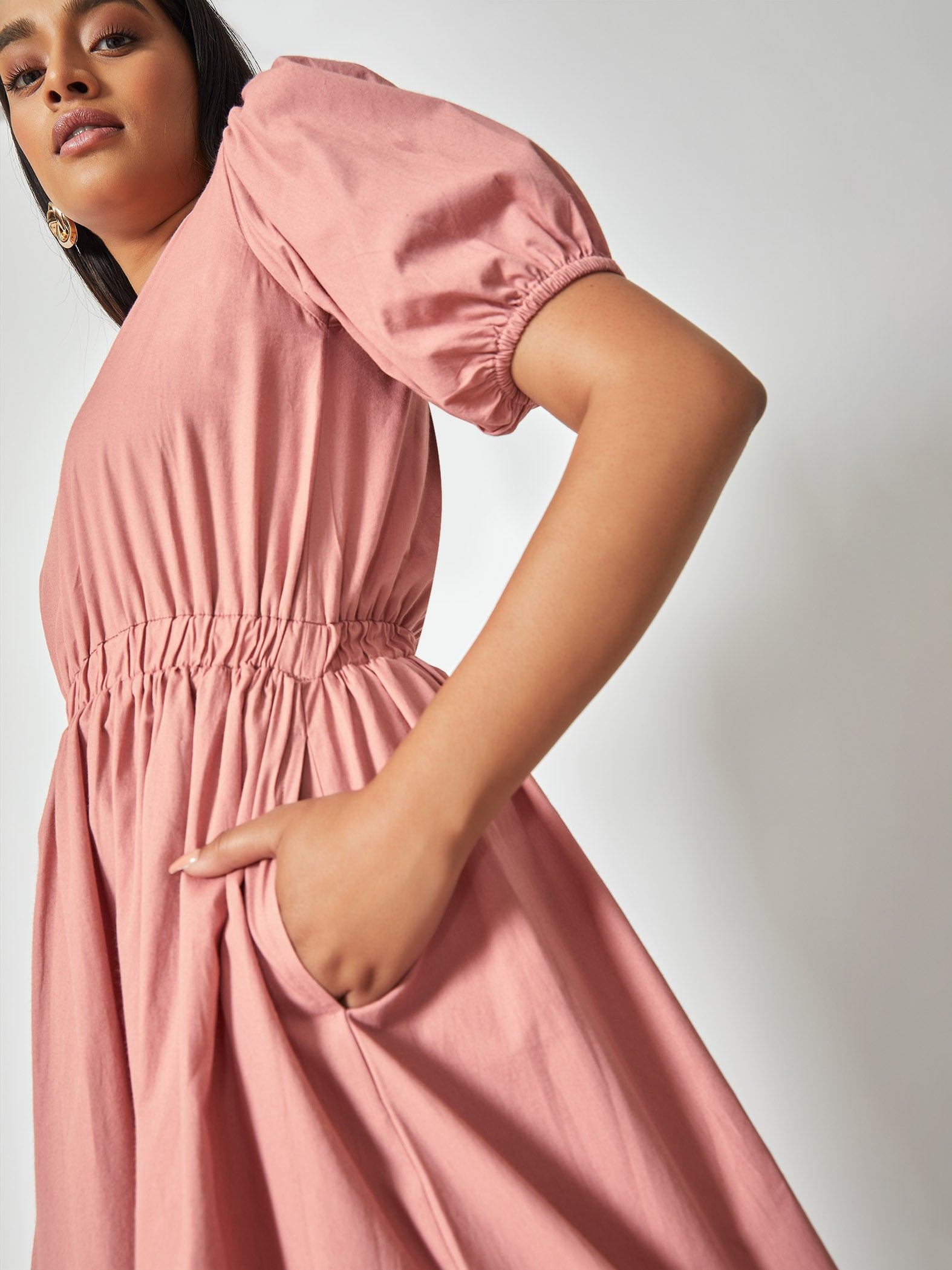 Blush Puff Sleeve Cinched Dress